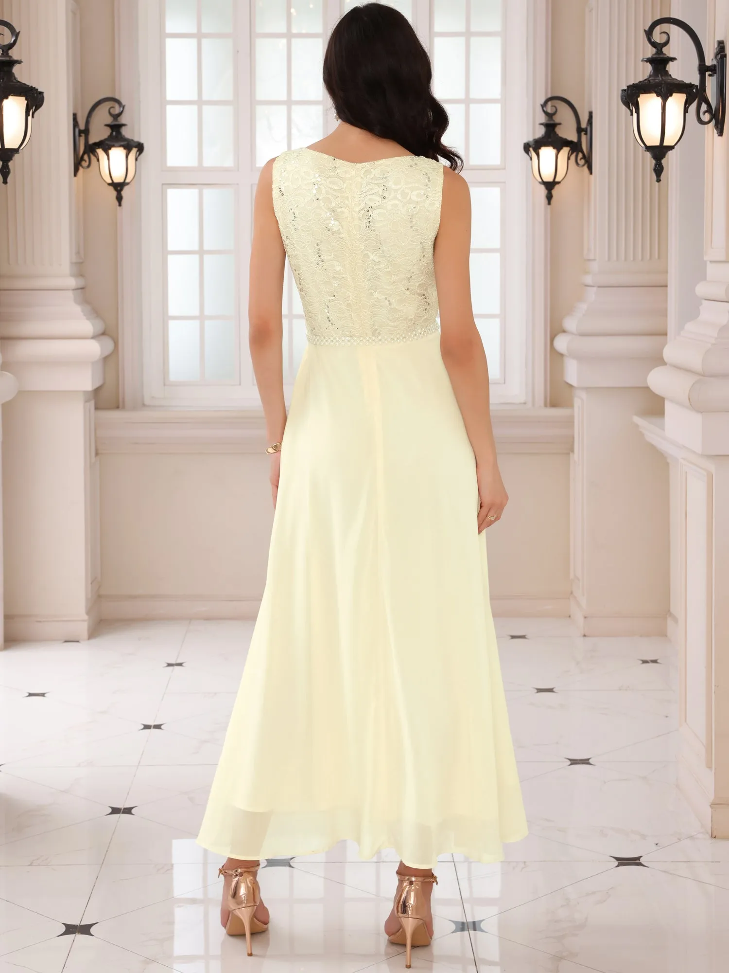 Women's Gown Dress Lace V Neck Sleeveless Cocktail Wedding Guest Dresses
