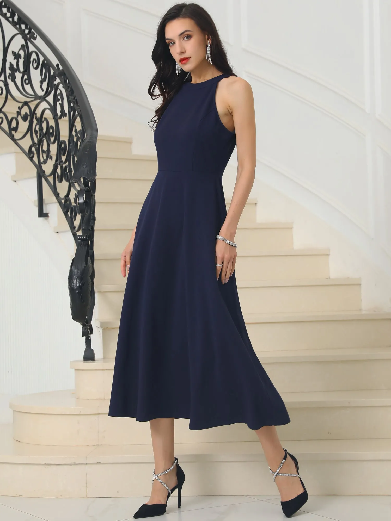 Women's Halter Neck Dresses Sleeveless Formal Cocktail Midi Dress