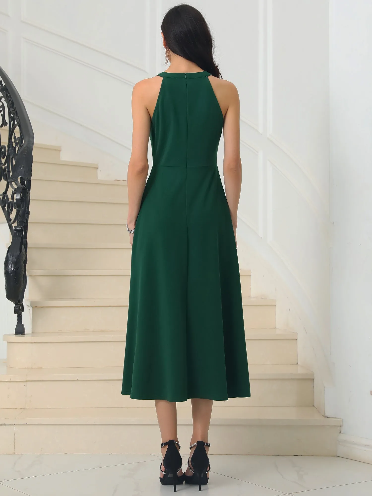 Women's Halter Neck Dresses Sleeveless Formal Cocktail Midi Dress