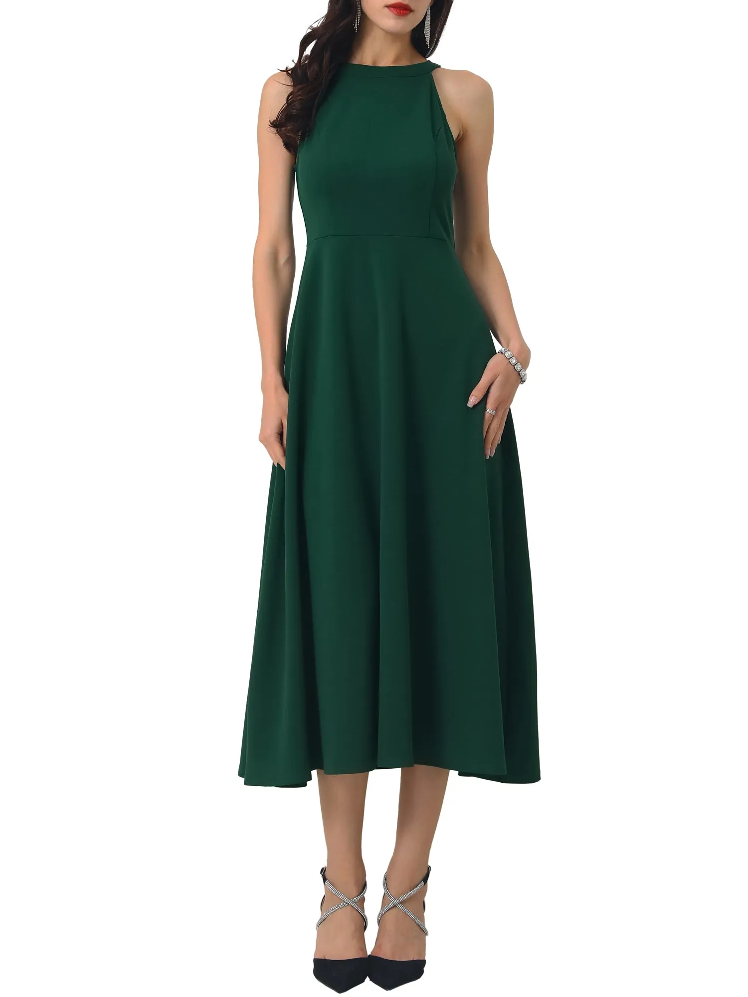 Women's Halter Neck Dresses Sleeveless Formal Cocktail Midi Dress