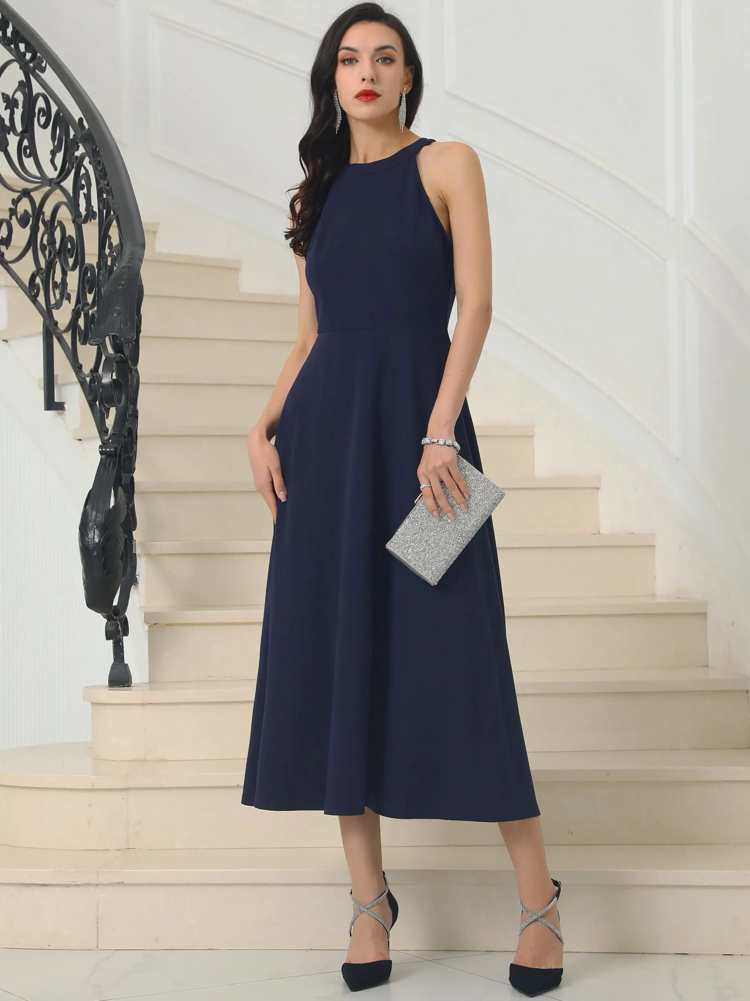 Women's Halter Neck Dresses Sleeveless Formal Cocktail Midi Dress