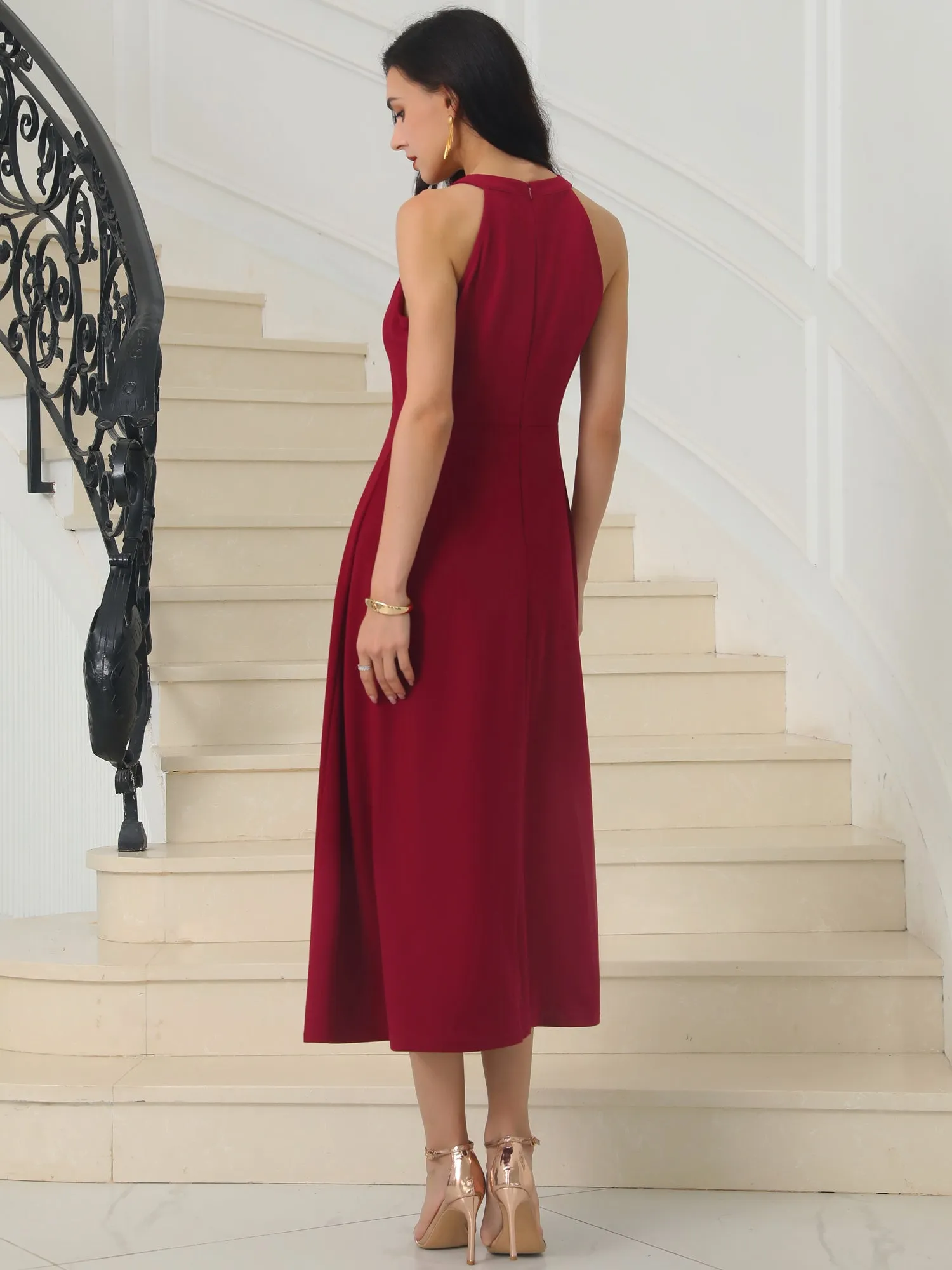 Women's Halter Neck Dresses Sleeveless Formal Cocktail Midi Dress