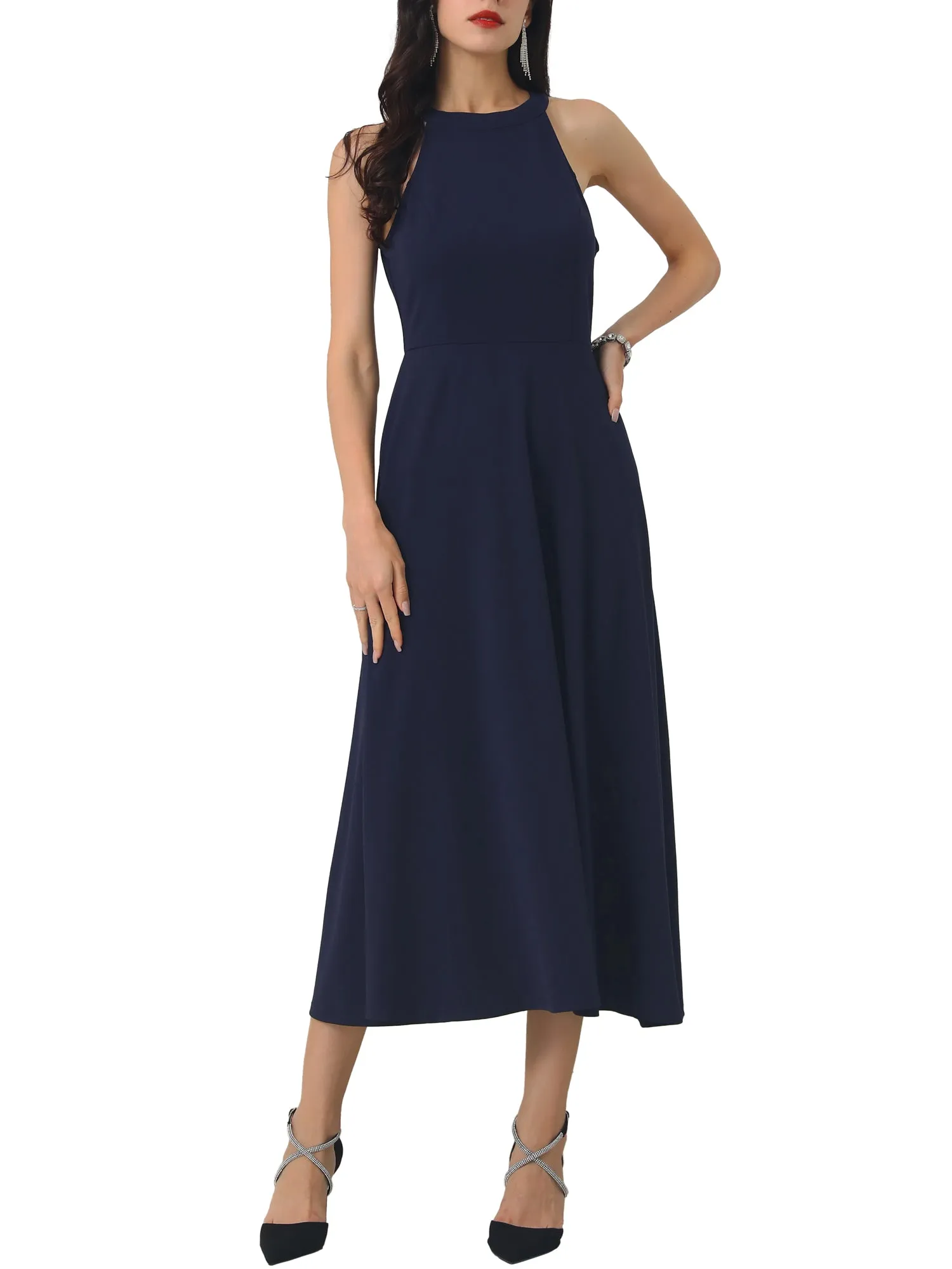 Women's Halter Neck Dresses Sleeveless Formal Cocktail Midi Dress