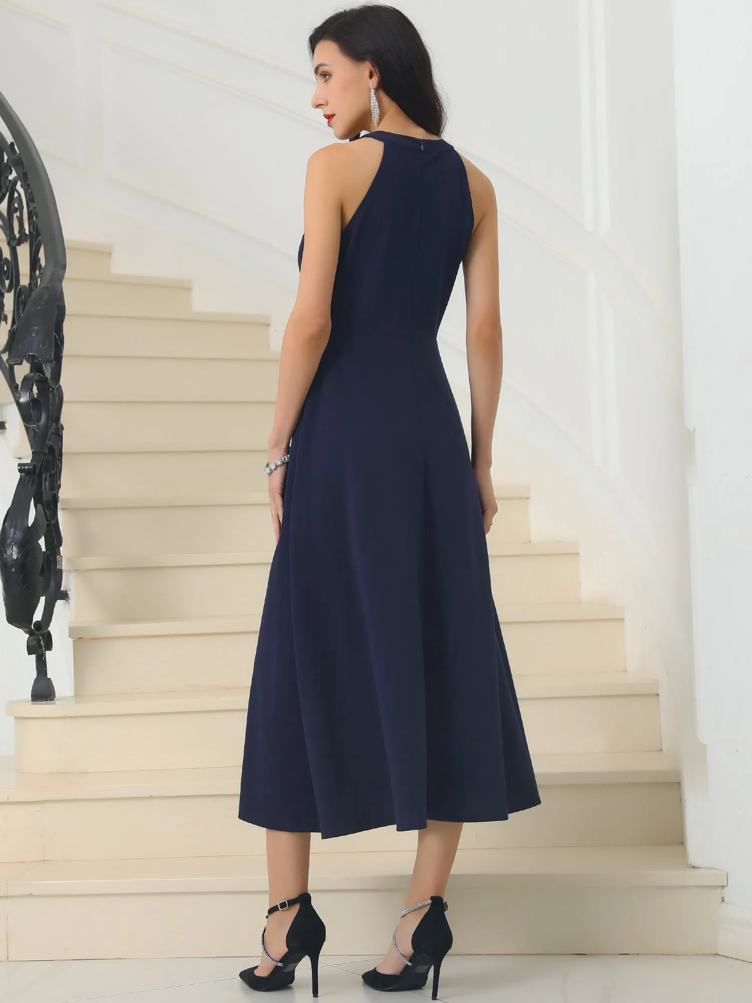 Women's Halter Neck Dresses Sleeveless Formal Cocktail Midi Dress