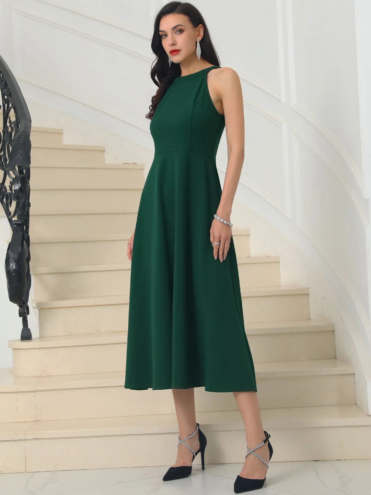 Women's Halter Neck Dresses Sleeveless Formal Cocktail Midi Dress