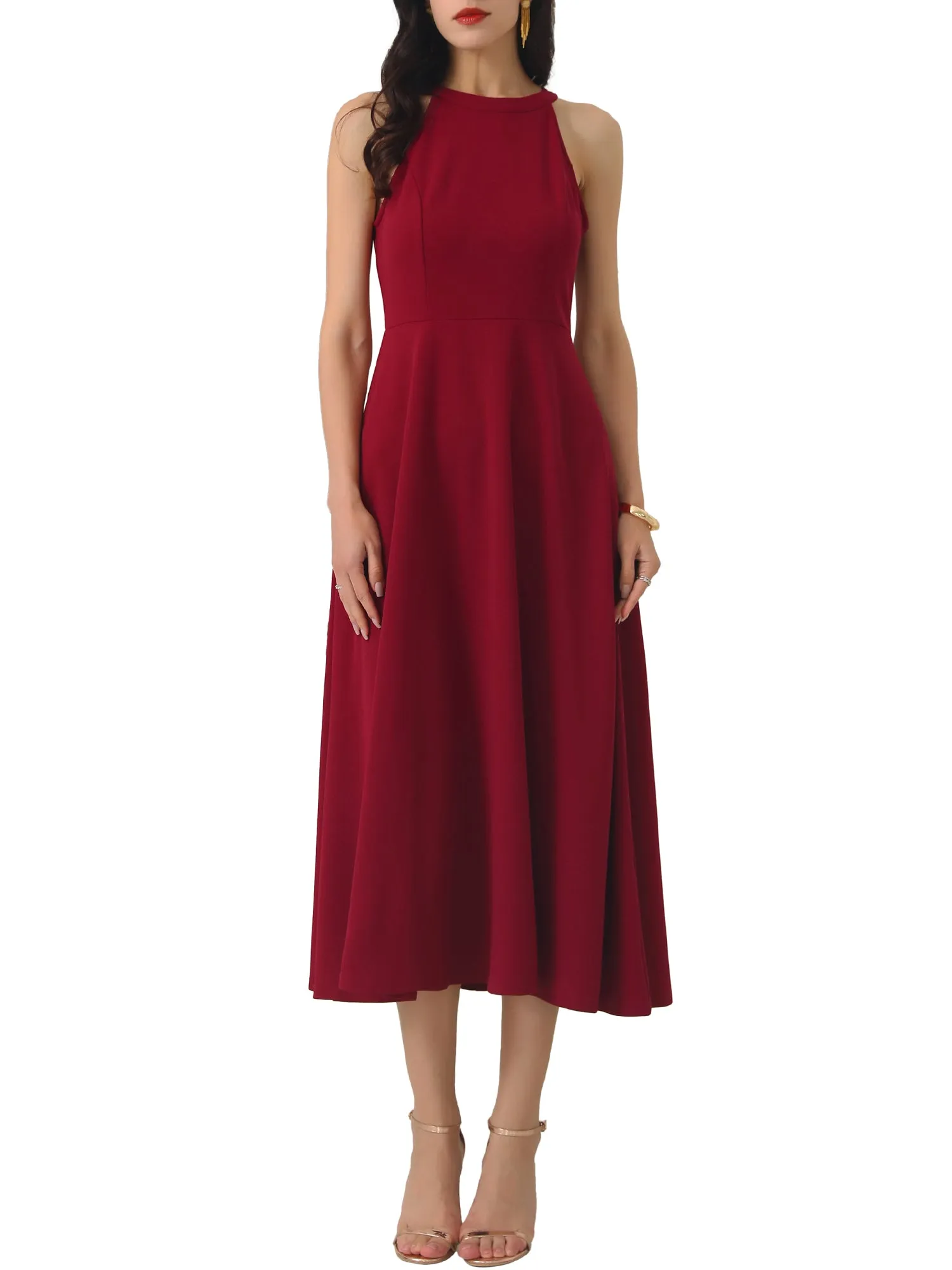 Women's Halter Neck Dresses Sleeveless Formal Cocktail Midi Dress