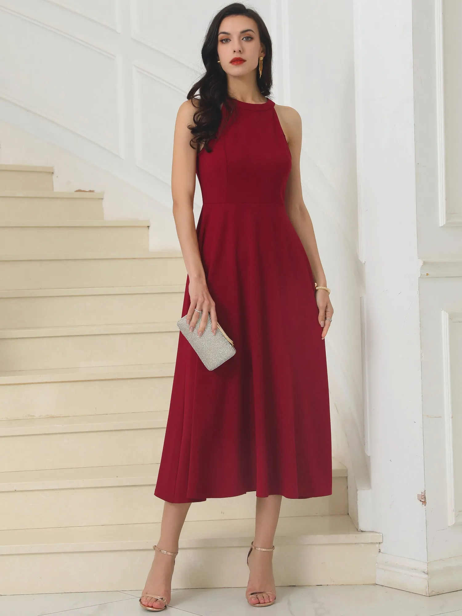 Women's Halter Neck Dresses Sleeveless Formal Cocktail Midi Dress