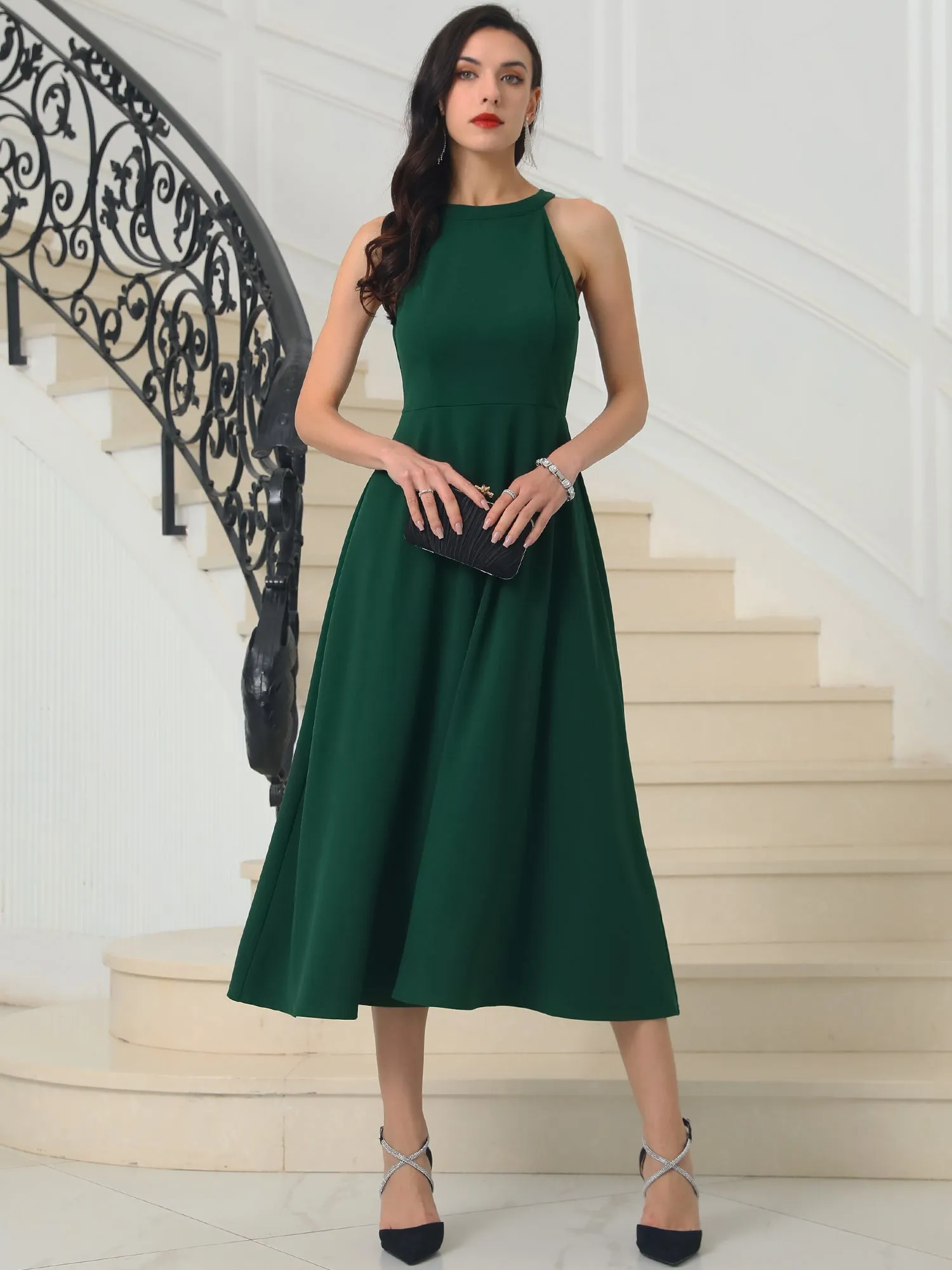 Women's Halter Neck Dresses Sleeveless Formal Cocktail Midi Dress