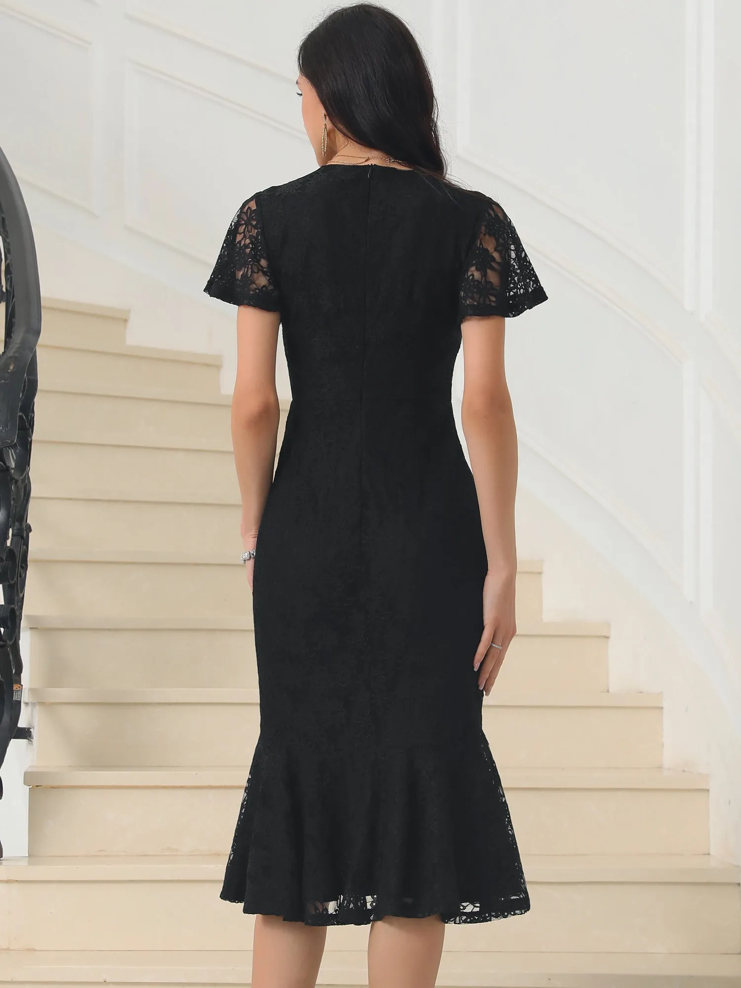 Womens' Lace Floral Dresses Fishtail Formal Cocktail Short Sleeve Midi Dress