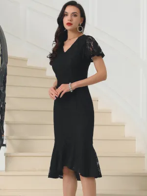 Womens' Lace Floral Dresses Fishtail Formal Cocktail Short Sleeve Midi Dress