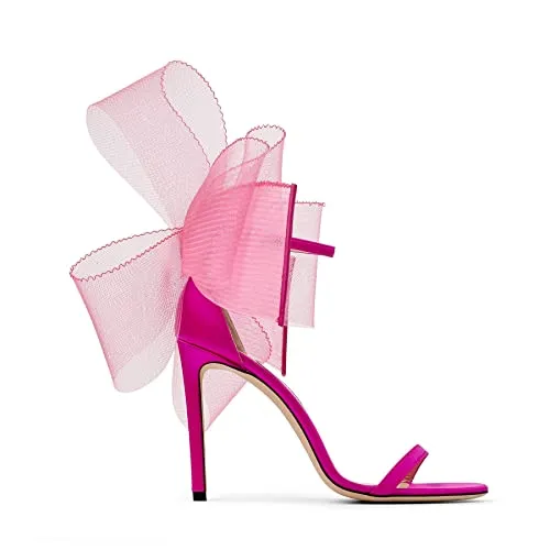 Women's One Strap Heeled Sandals Open Toe Bow Knot Satin Pumps Ankle Buckle Strap Stiletto Heels Summer Shoes