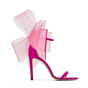 Women's One Strap Heeled Sandals Open Toe Bow Knot Satin Pumps Ankle Buckle Strap Stiletto Heels Summer Shoes