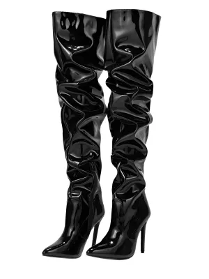 Women's Patent Leather Thigh Boots High Heels Solid Pointed Toe Stiletto Side Zipper