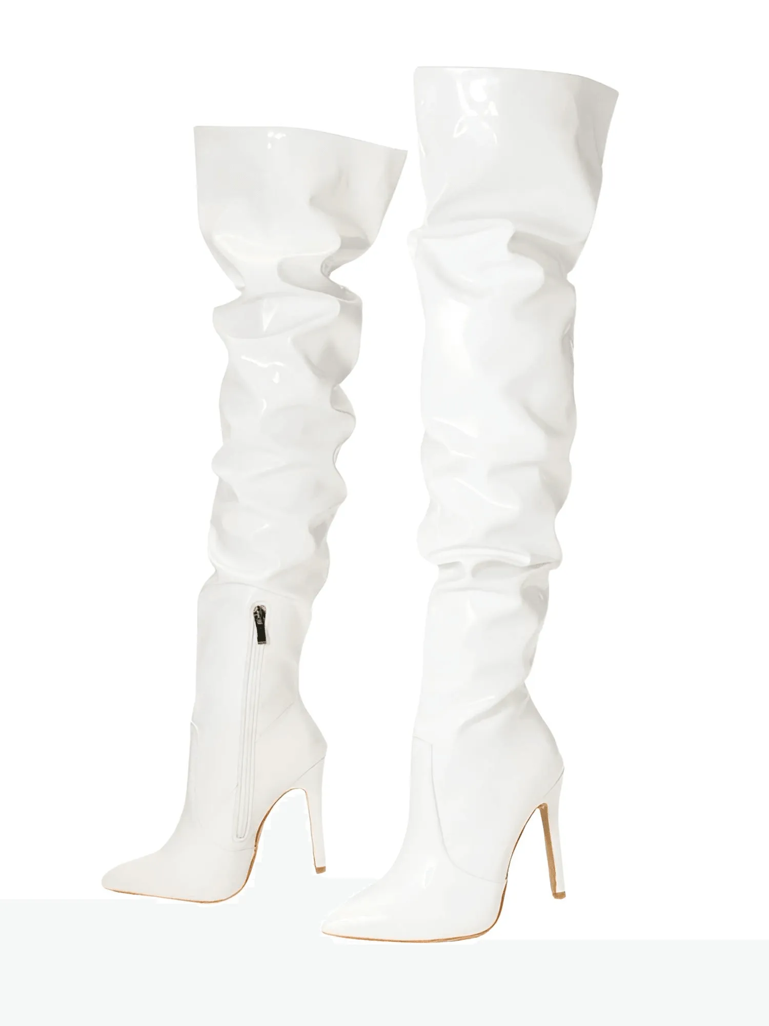 Women's Patent Leather Thigh Boots High Heels Solid Pointed Toe Stiletto Side Zipper
