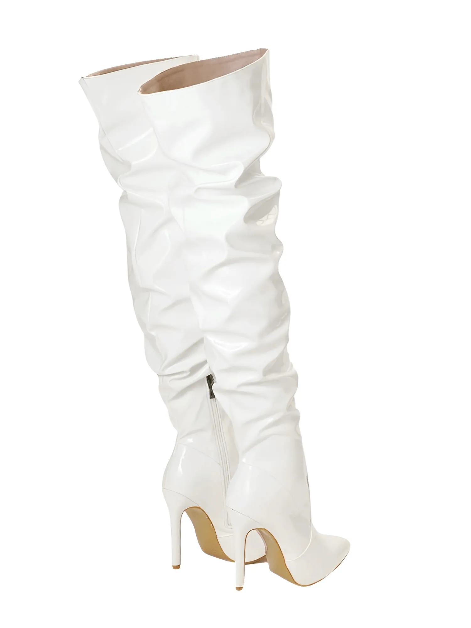 Women's Patent Leather Thigh Boots High Heels Solid Pointed Toe Stiletto Side Zipper