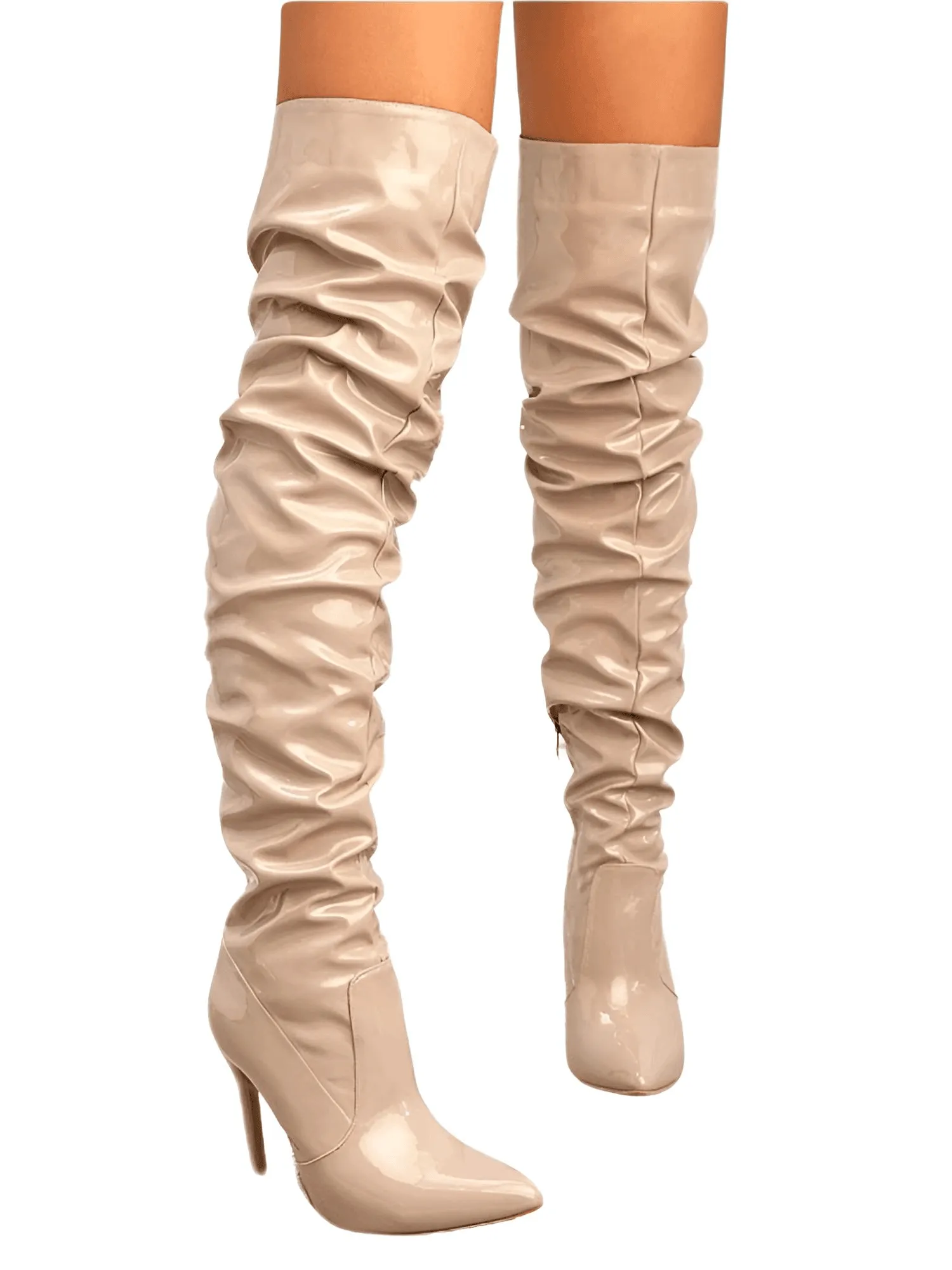 Women's Patent Leather Thigh Boots High Heels Solid Pointed Toe Stiletto Side Zipper