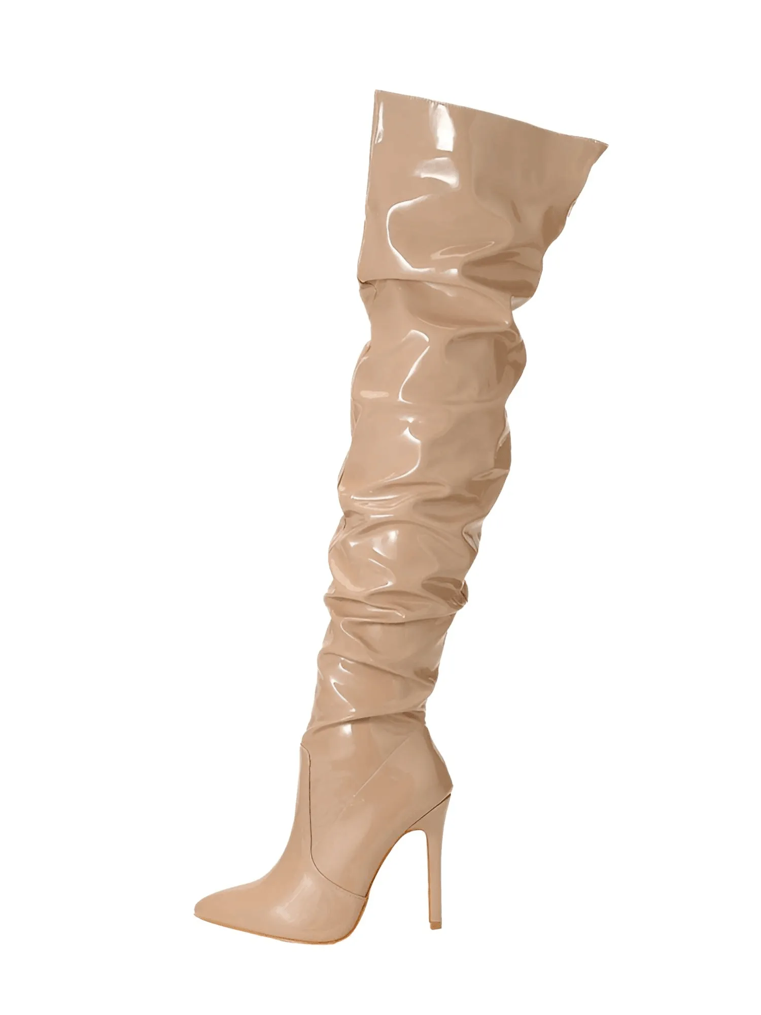 Women's Patent Leather Thigh Boots High Heels Solid Pointed Toe Stiletto Side Zipper