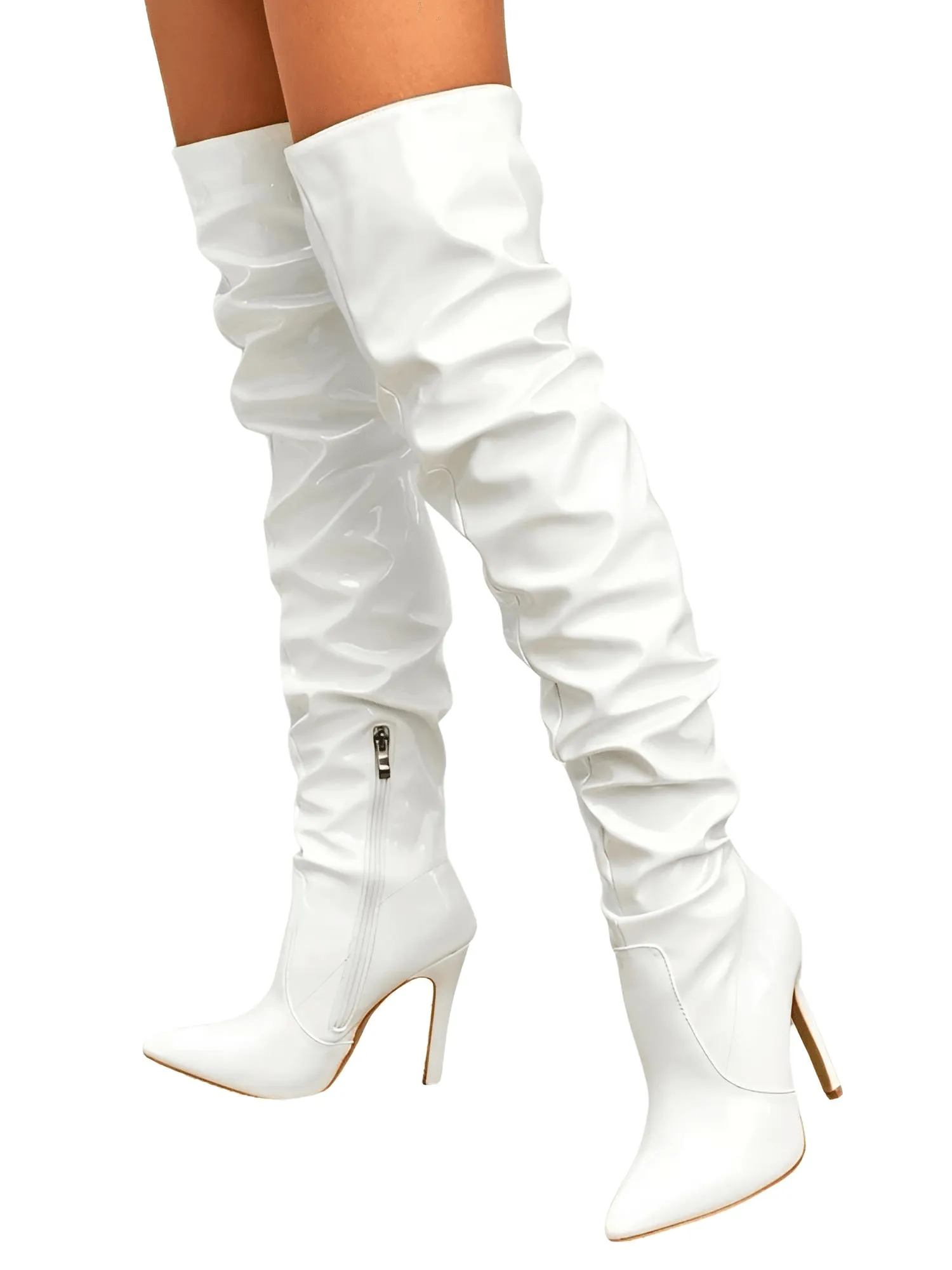 Women's Patent Leather Thigh Boots High Heels Solid Pointed Toe Stiletto Side Zipper