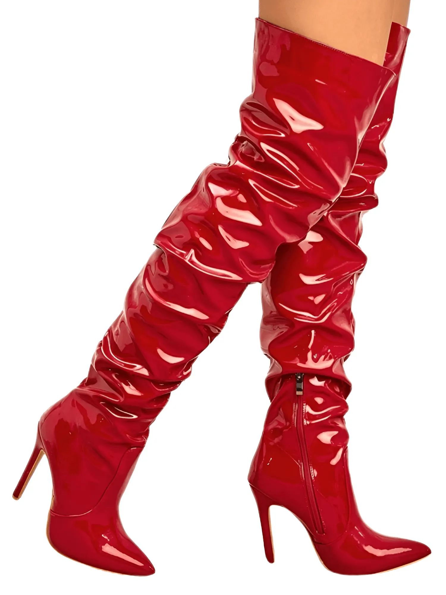 Women's Patent Leather Thigh Boots High Heels Solid Pointed Toe Stiletto Side Zipper