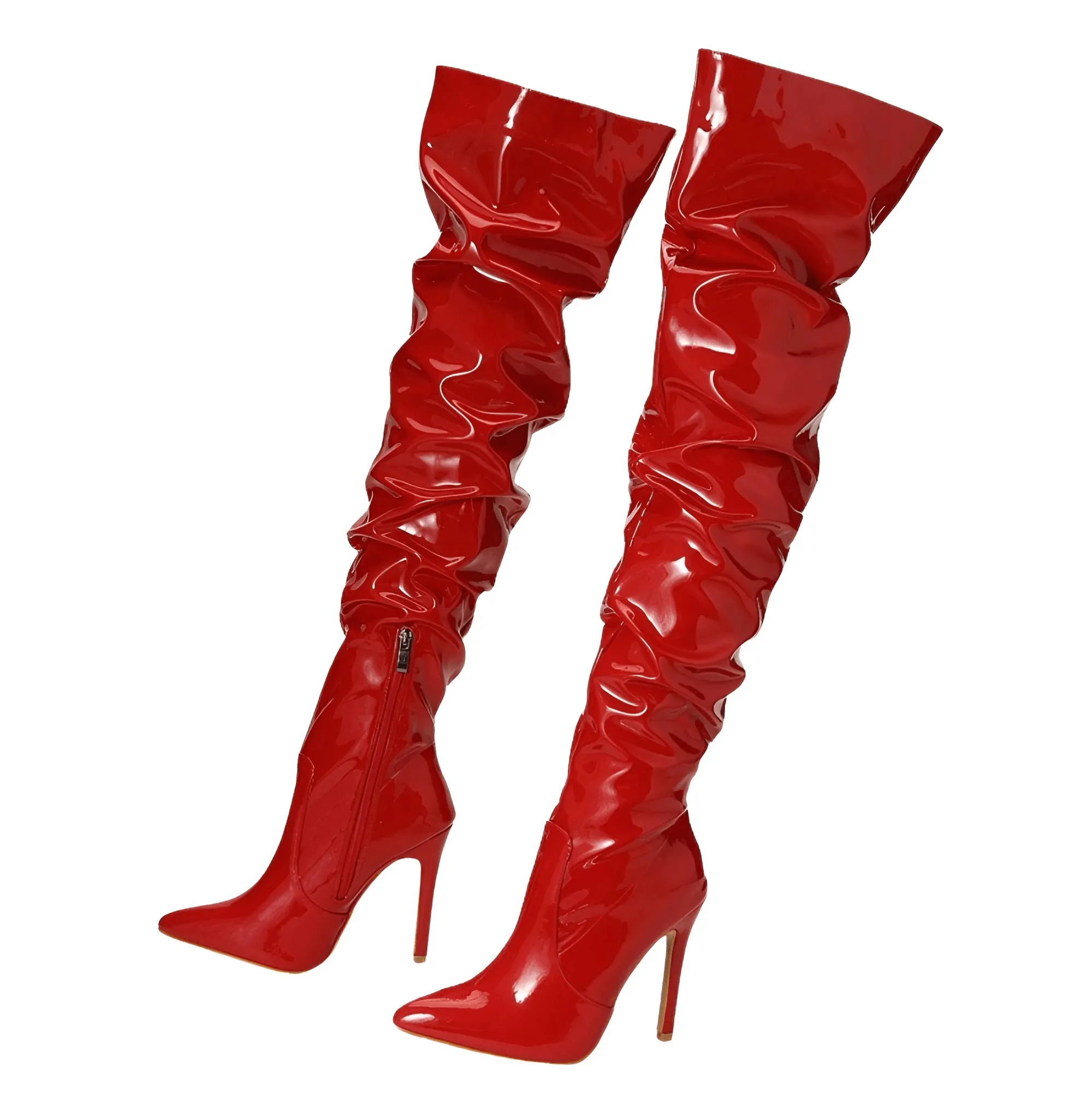 Women's Patent Leather Thigh Boots High Heels Solid Pointed Toe Stiletto Side Zipper