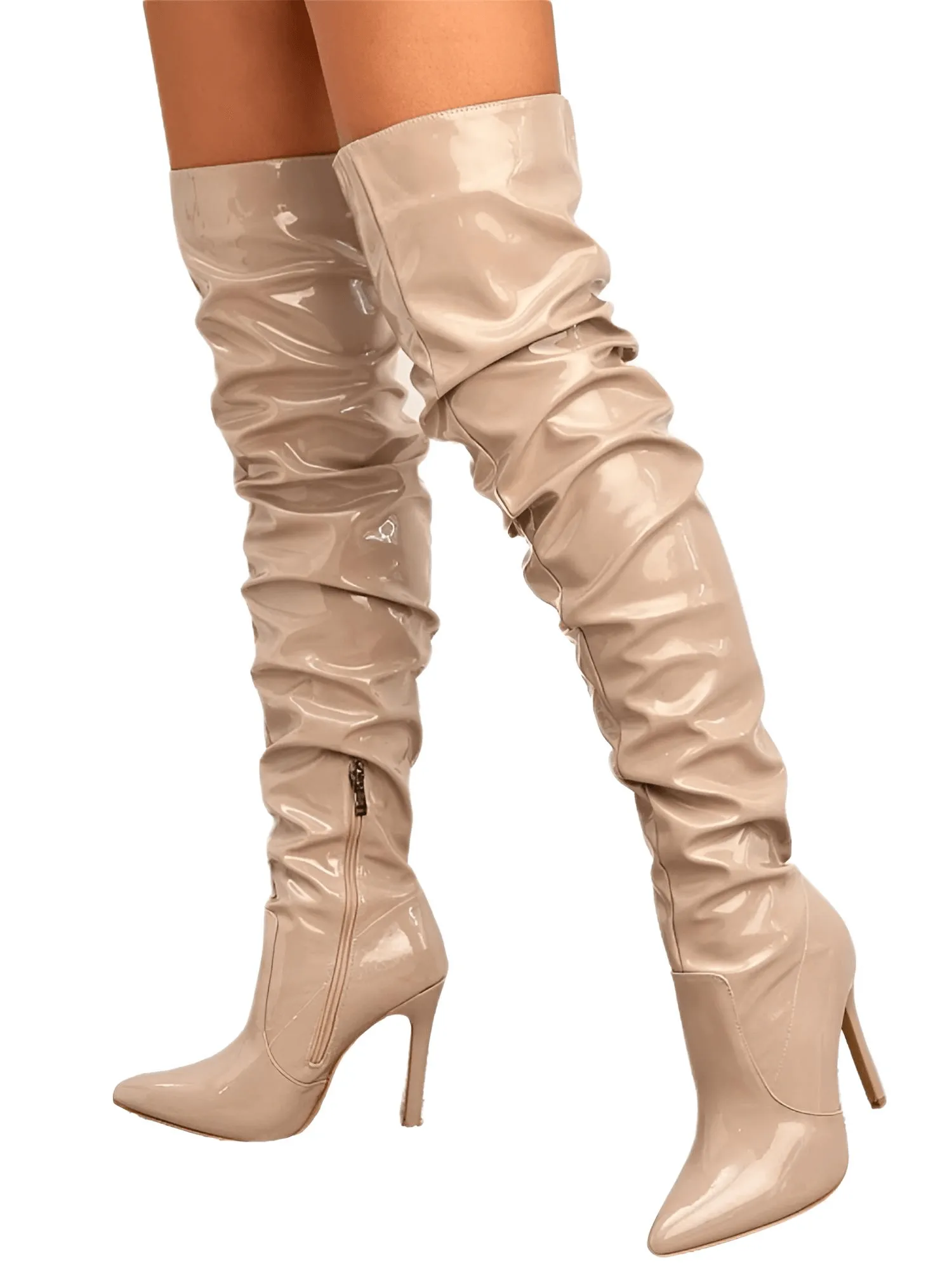 Women's Patent Leather Thigh Boots High Heels Solid Pointed Toe Stiletto Side Zipper