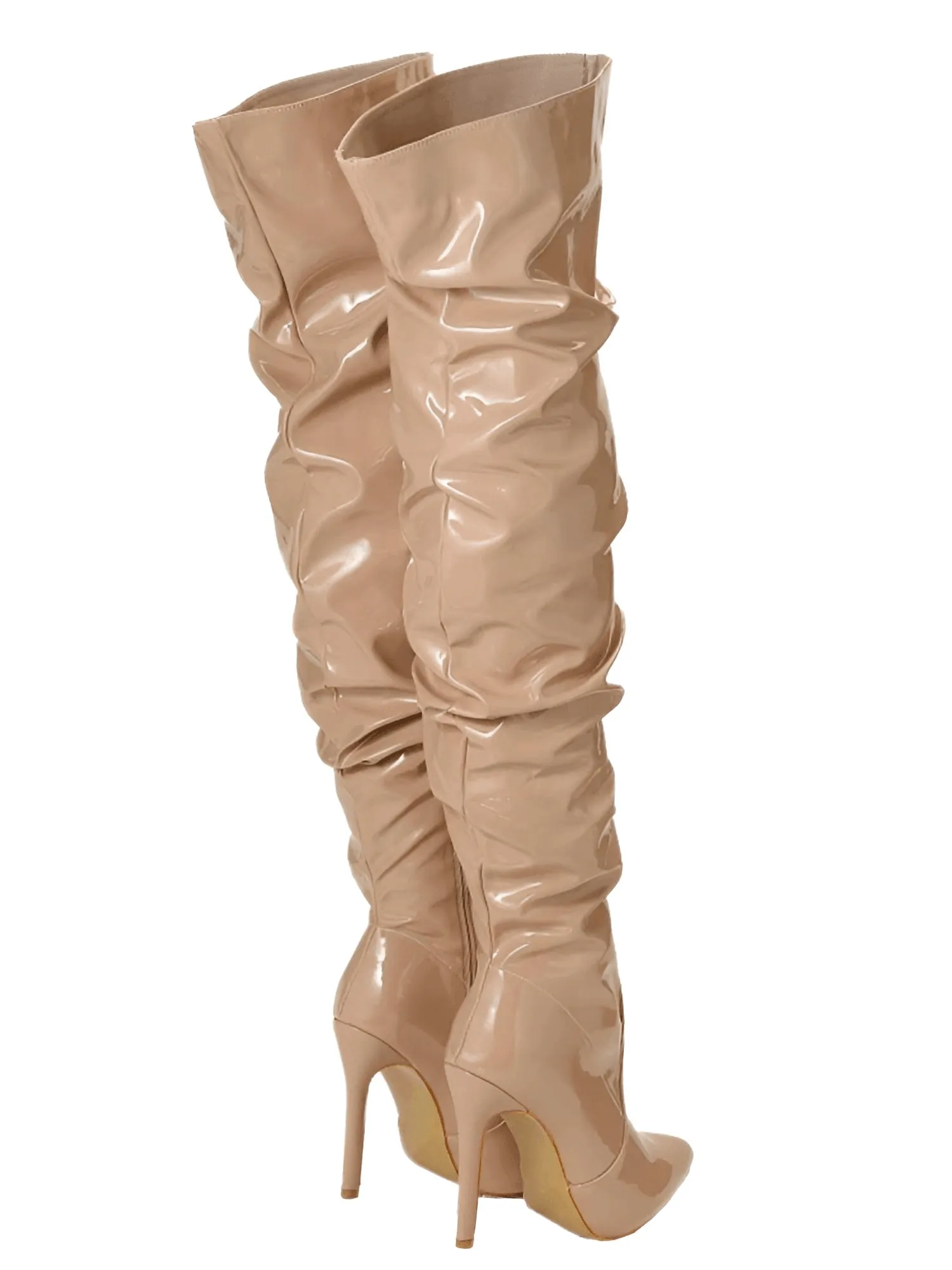 Women's Patent Leather Thigh Boots High Heels Solid Pointed Toe Stiletto Side Zipper