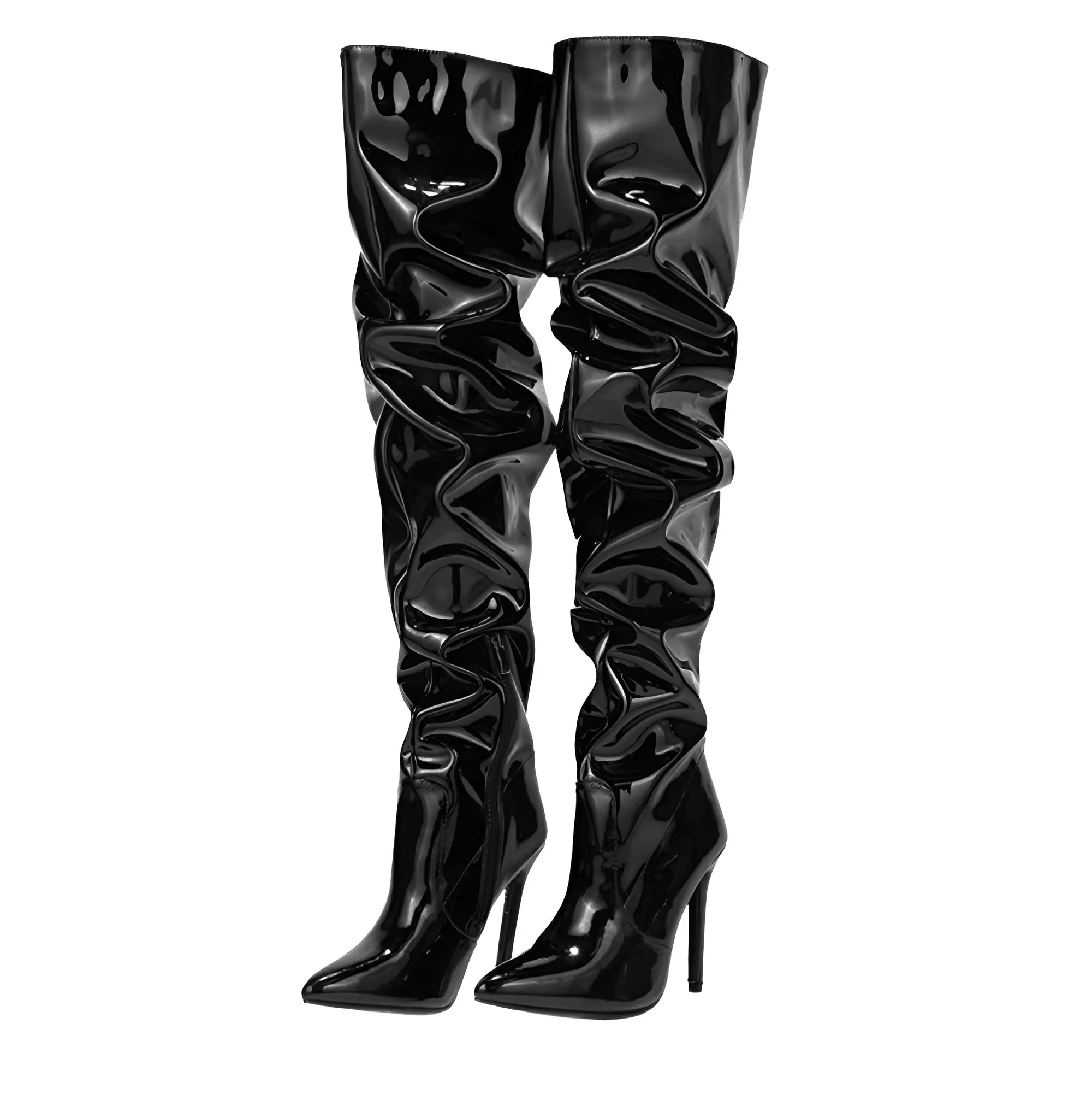 Women's Patent Leather Thigh Boots High Heels Solid Pointed Toe Stiletto Side Zipper