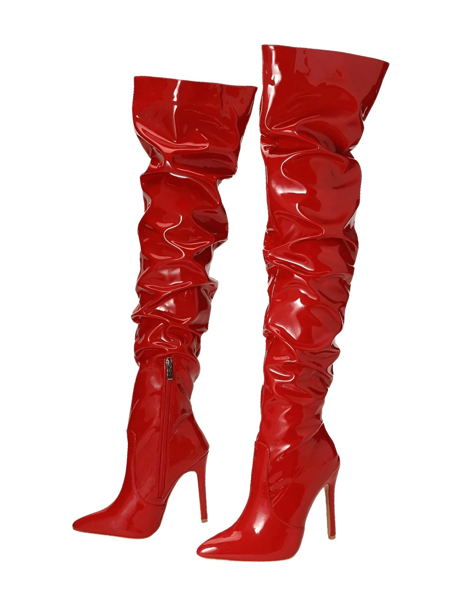 Women's Patent Leather Thigh Boots High Heels Solid Pointed Toe Stiletto Side Zipper