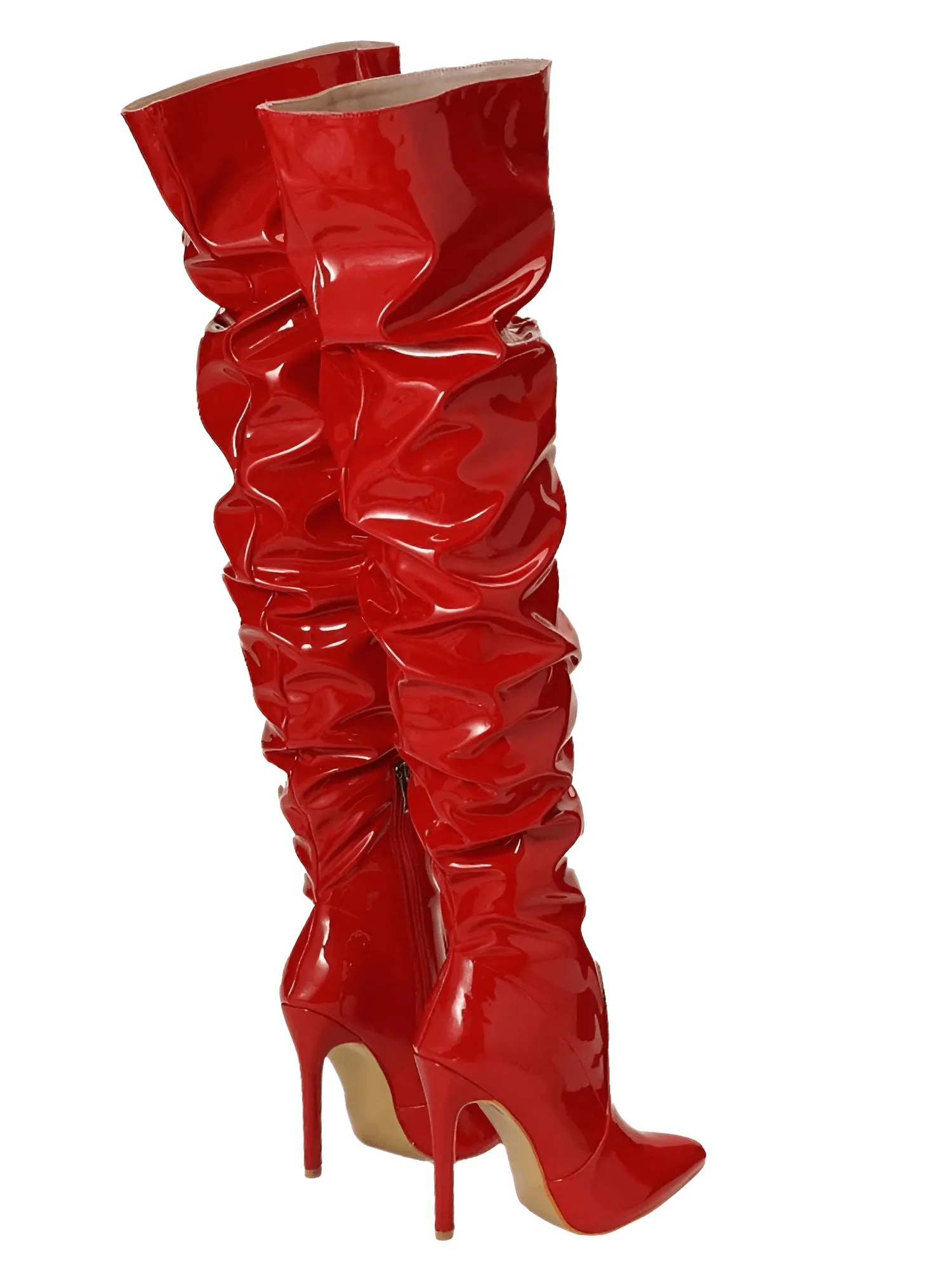 Women's Patent Leather Thigh Boots High Heels Solid Pointed Toe Stiletto Side Zipper