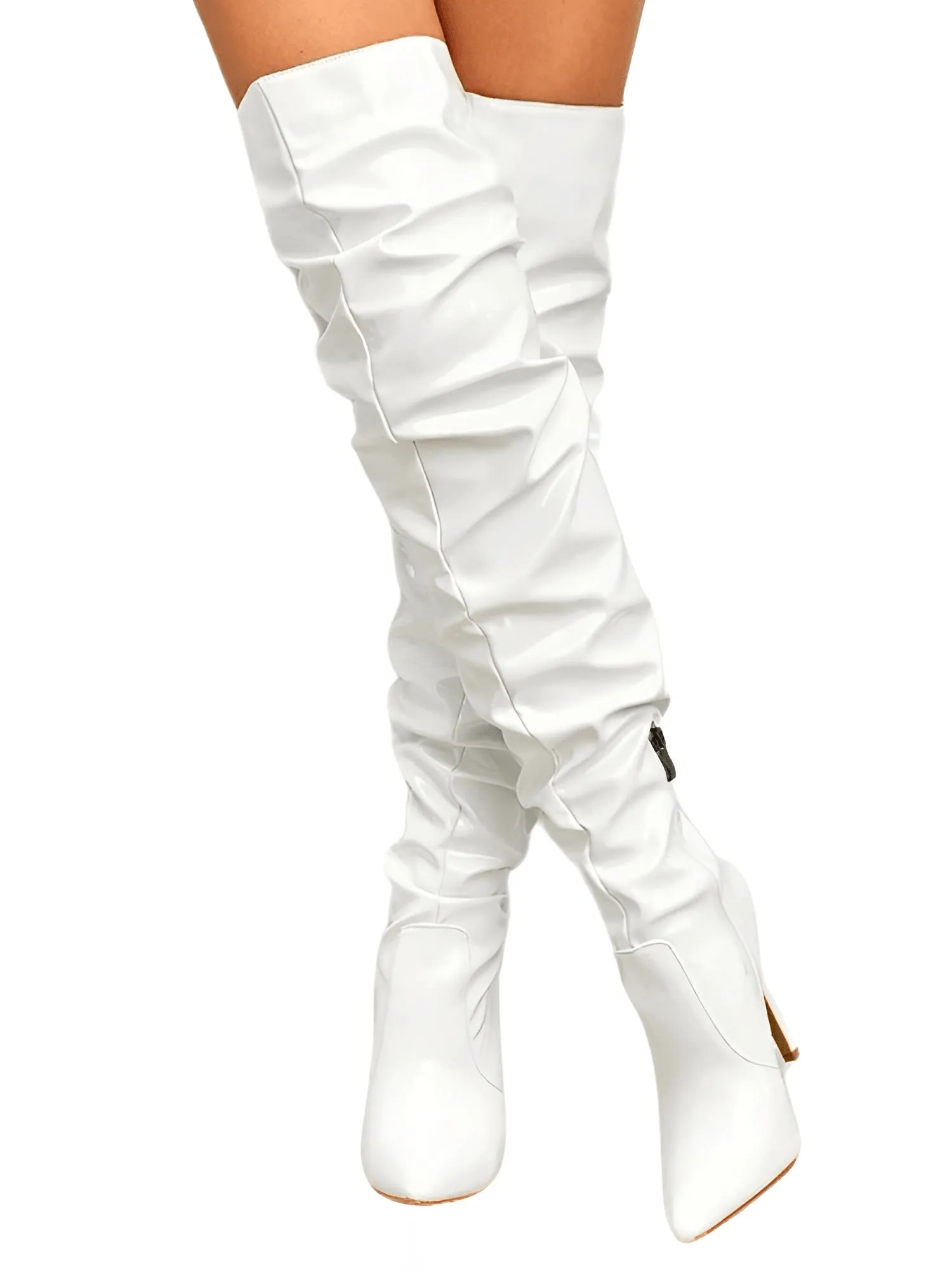 Women's Patent Leather Thigh Boots High Heels Solid Pointed Toe Stiletto Side Zipper