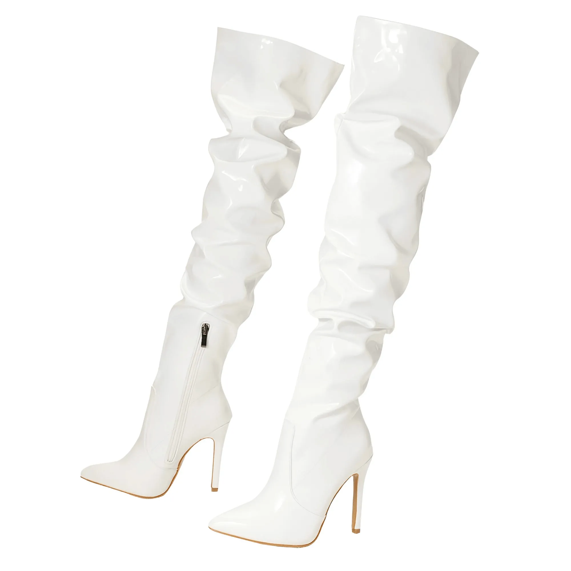 Women's Patent Leather Thigh Boots High Heels Solid Pointed Toe Stiletto Side Zipper