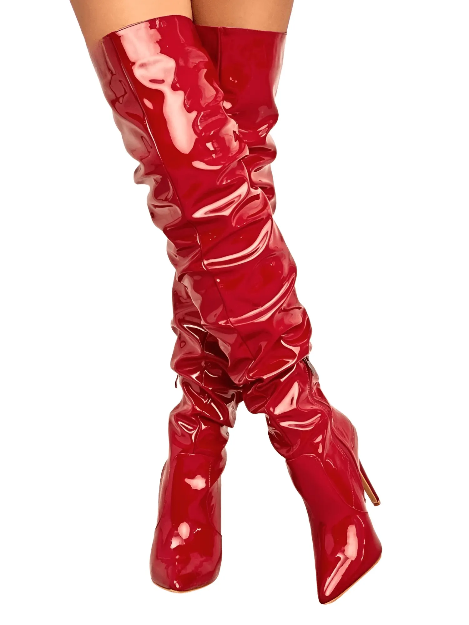 Women's Patent Leather Thigh Boots High Heels Solid Pointed Toe Stiletto Side Zipper