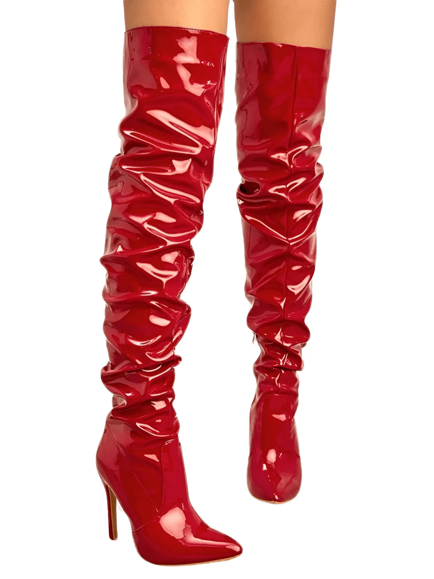 Women's Patent Leather Thigh Boots High Heels Solid Pointed Toe Stiletto Side Zipper