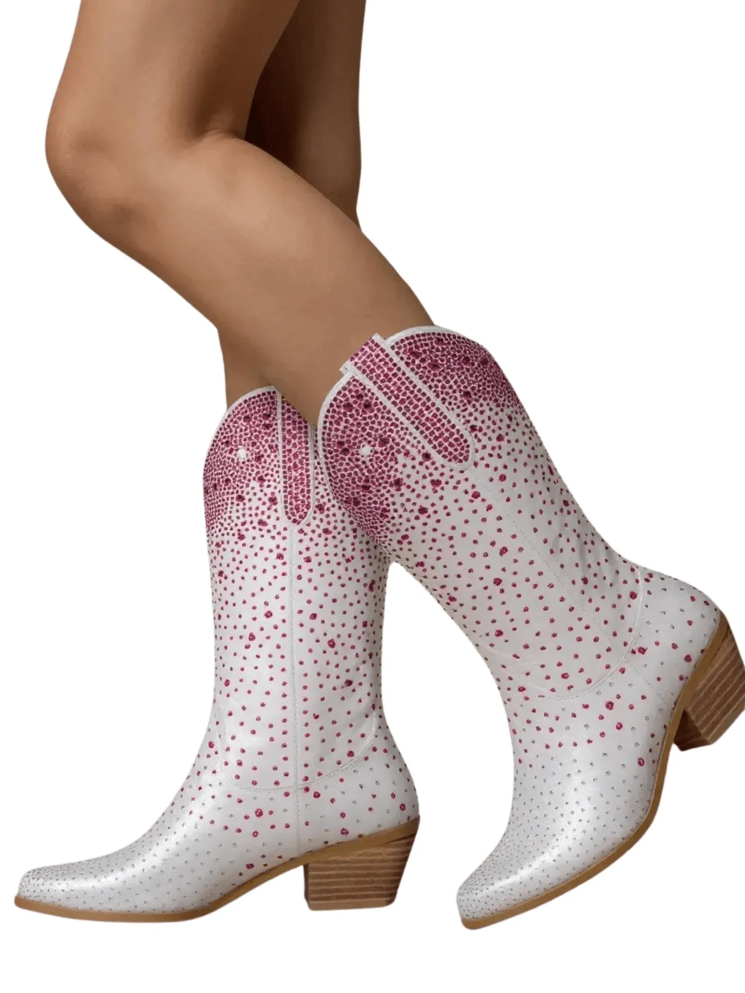 Women's Rhinestone Cowboy Boots Side Zipper Knee High Boots Rhinestone Booties Glitter Bling Shiny Western Pointed Toe Block Heel Cowgirl Boots