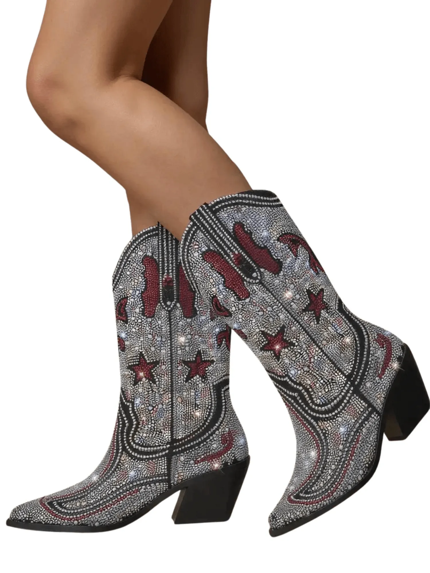 Women's Rhinestone Cowboy Boots Side Zipper Knee High Boots Rhinestone Booties Glitter Bling Shiny Western Pointed Toe Block Heel Cowgirl Boots