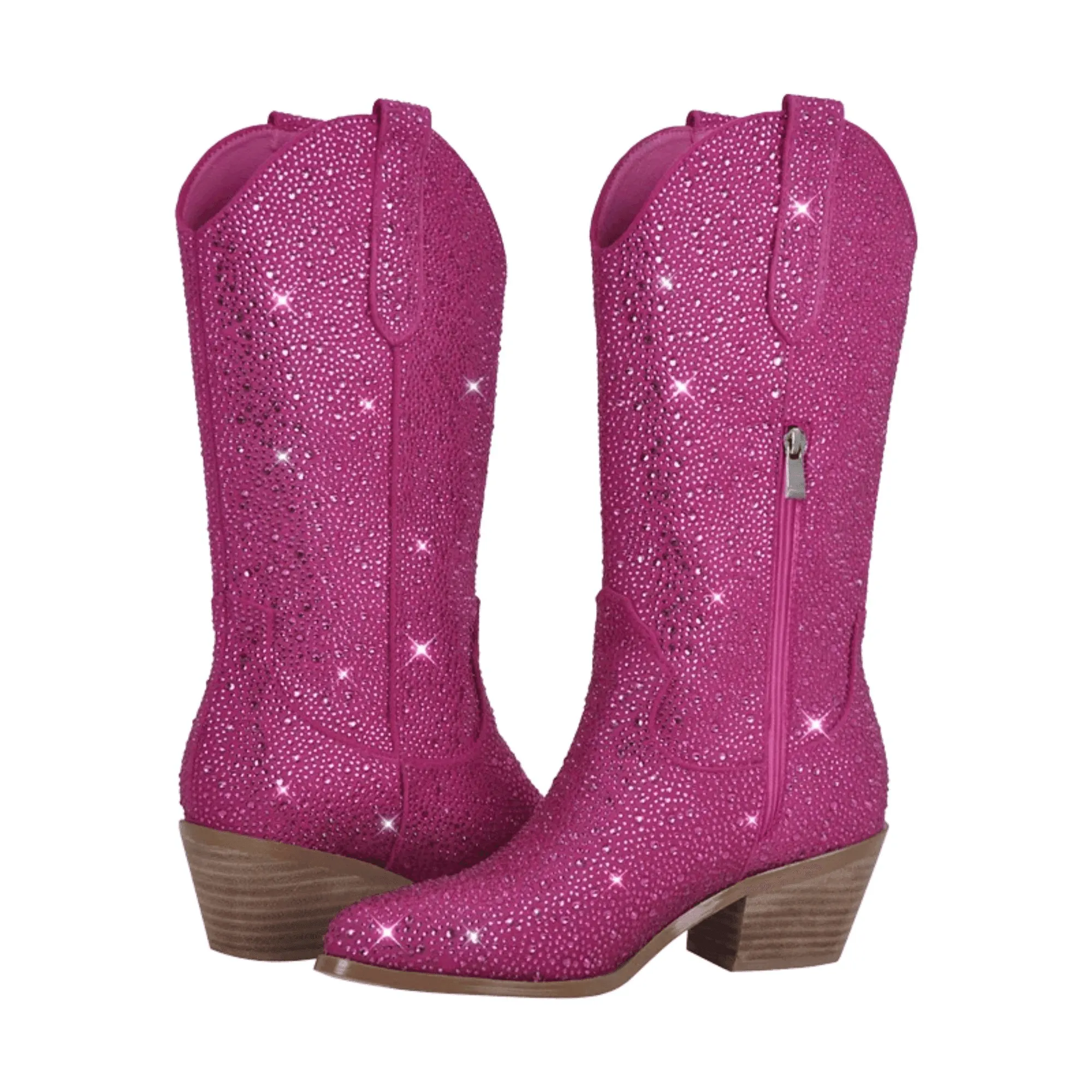 Women's Rhinestone Cowboy Boots Side Zipper Knee High Boots Rhinestone Booties Glitter Bling Shiny Western Pointed Toe Block Heel Cowgirl Boots
