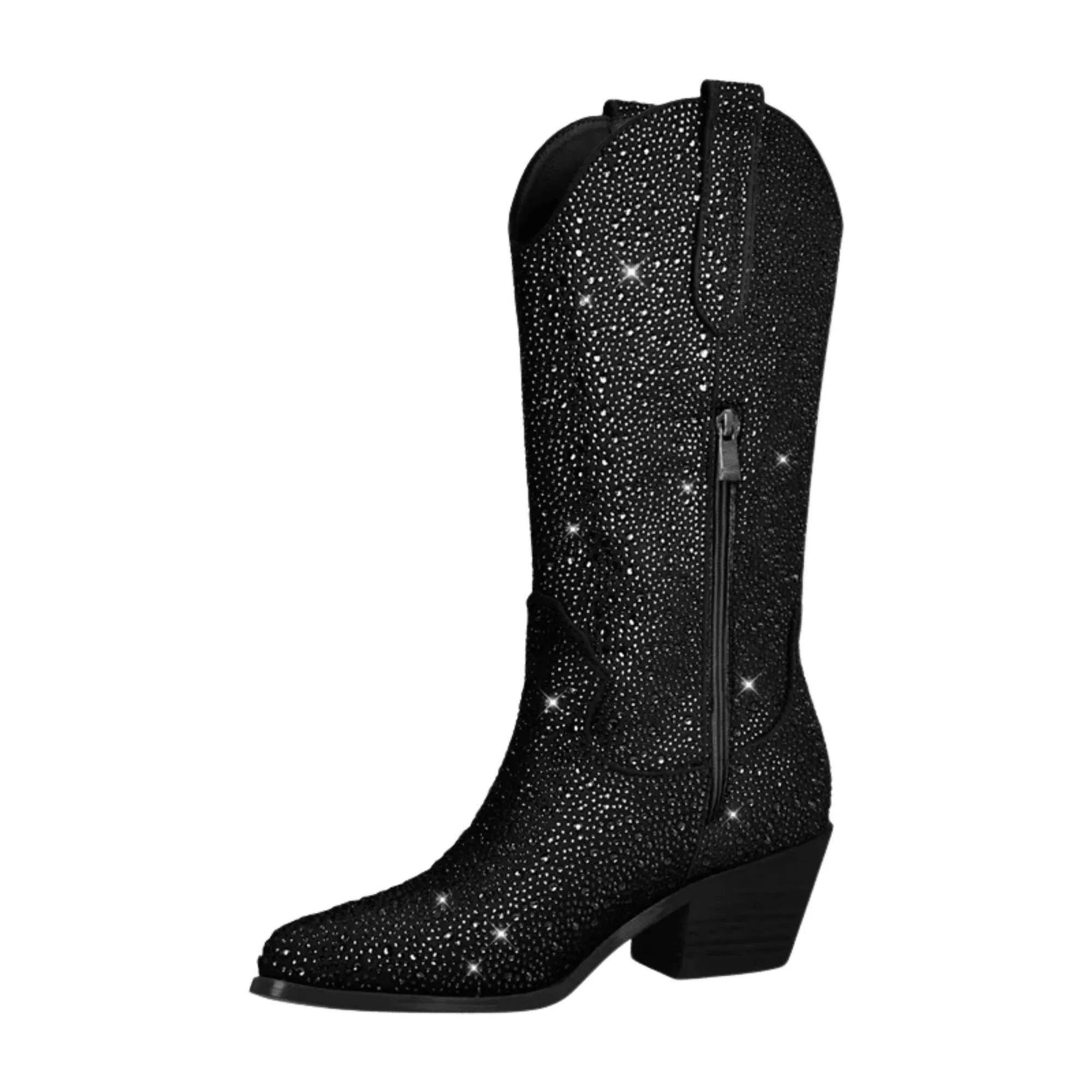 Women's Rhinestone Cowboy Boots Side Zipper Knee High Boots Rhinestone Booties Glitter Bling Shiny Western Pointed Toe Block Heel Cowgirl Boots