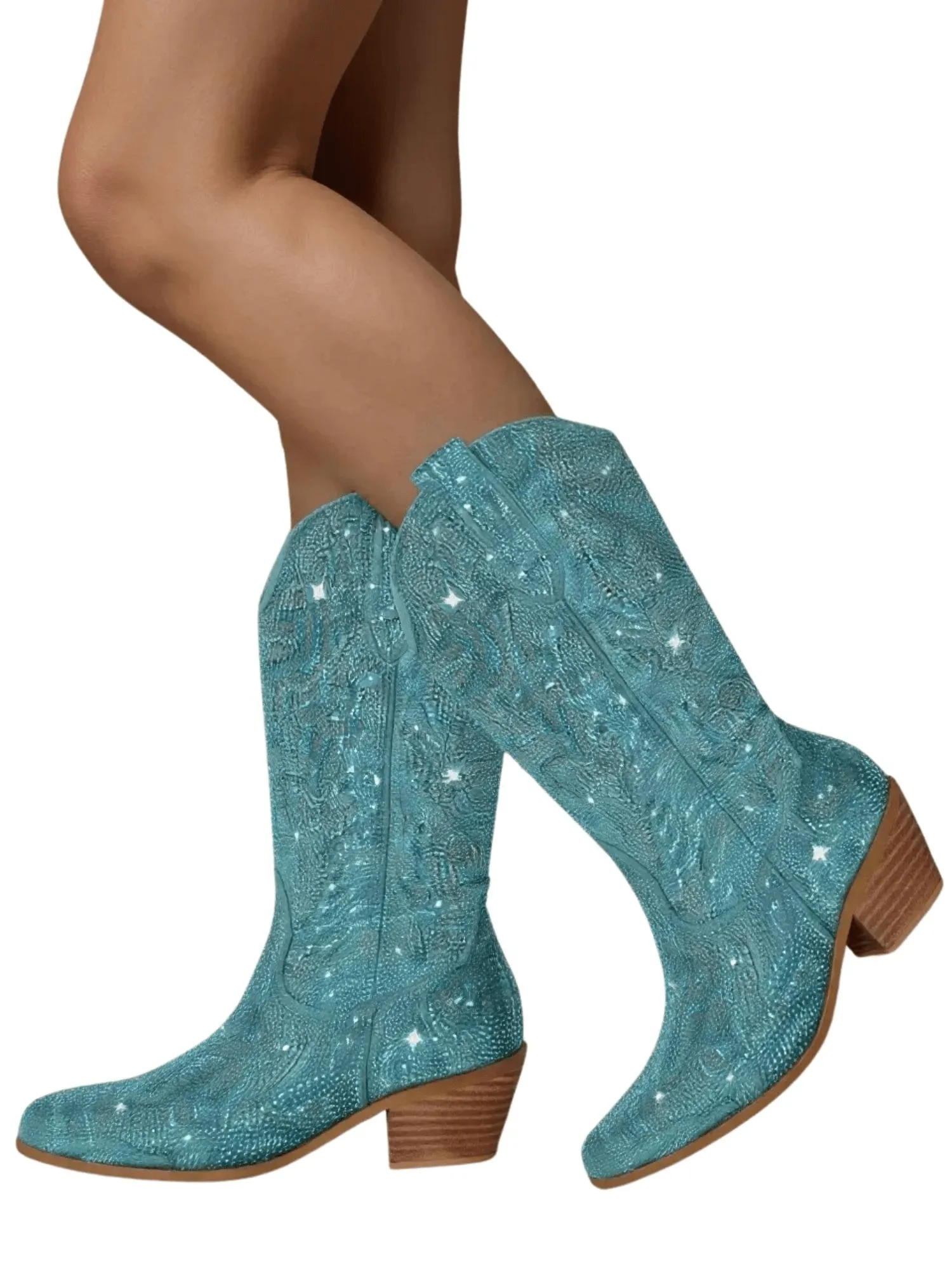 Women's Rhinestone Cowboy Boots Side Zipper Knee High Boots Rhinestone Booties Glitter Bling Shiny Western Pointed Toe Block Heel Cowgirl Boots