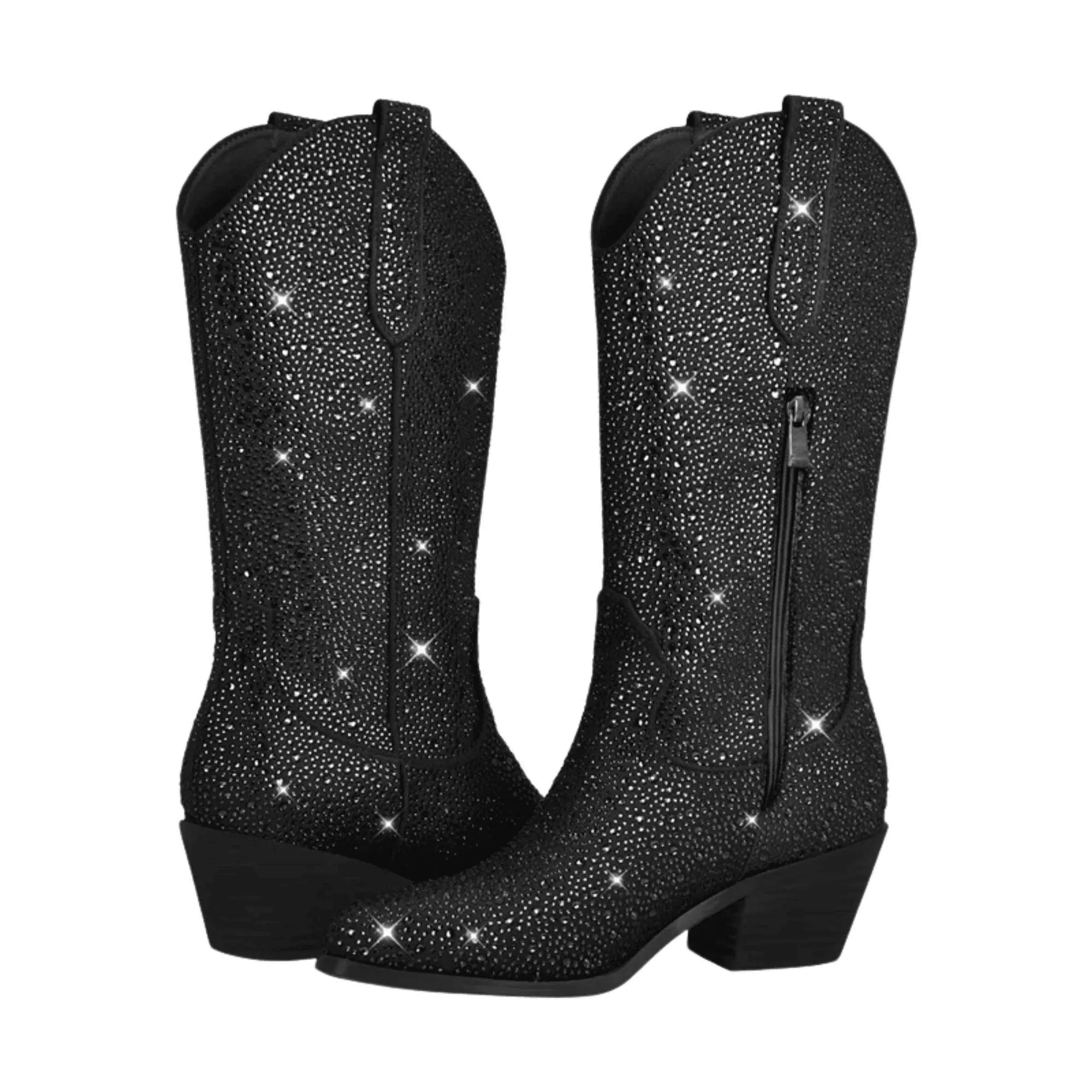 Women's Rhinestone Cowboy Boots Side Zipper Knee High Boots Rhinestone Booties Glitter Bling Shiny Western Pointed Toe Block Heel Cowgirl Boots
