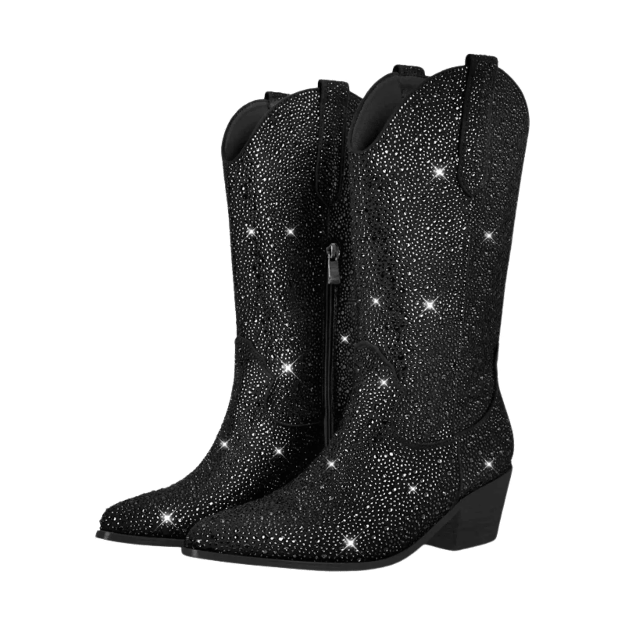 Women's Rhinestone Cowboy Boots Side Zipper Knee High Boots Rhinestone Booties Glitter Bling Shiny Western Pointed Toe Block Heel Cowgirl Boots