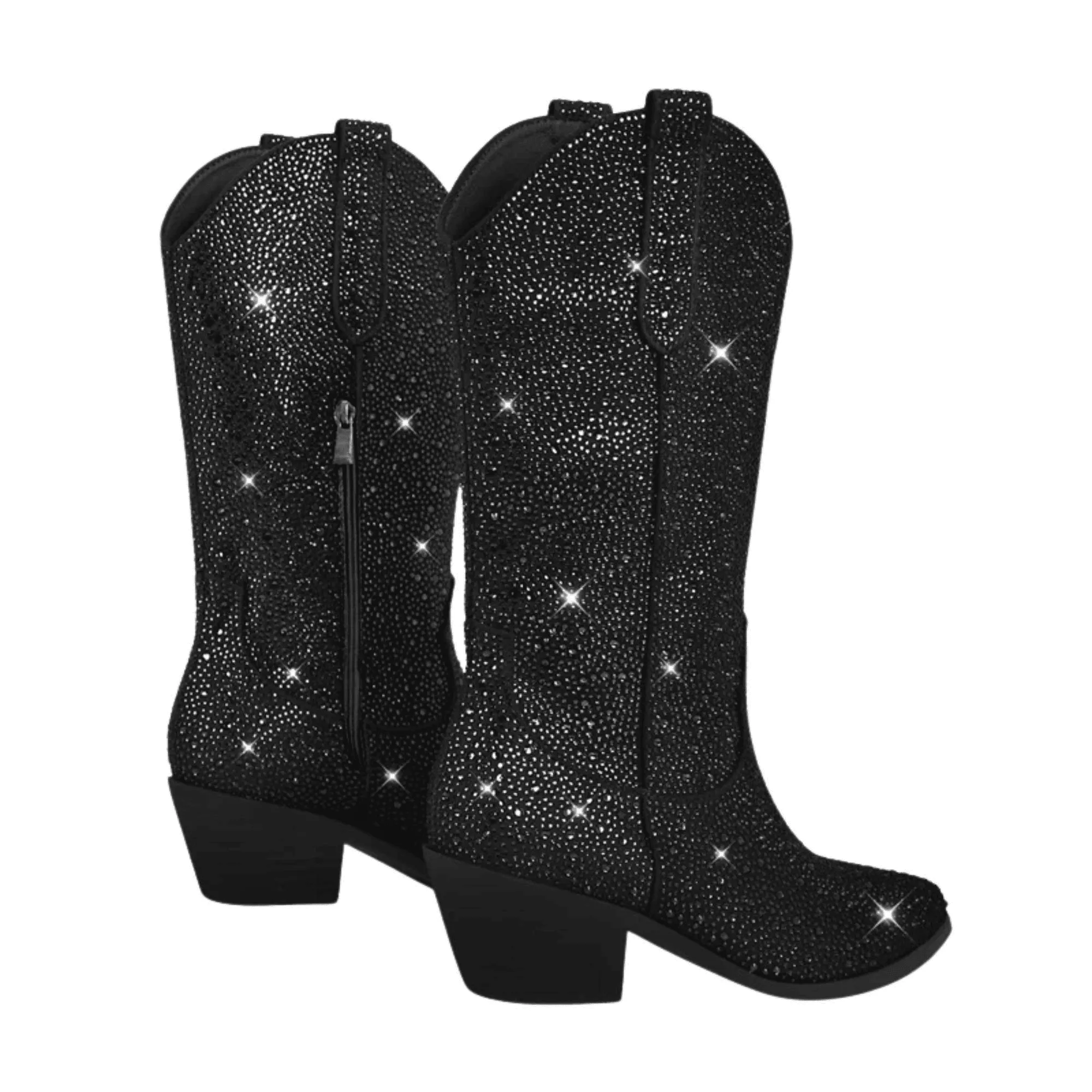 Women's Rhinestone Cowboy Boots Side Zipper Knee High Boots Rhinestone Booties Glitter Bling Shiny Western Pointed Toe Block Heel Cowgirl Boots