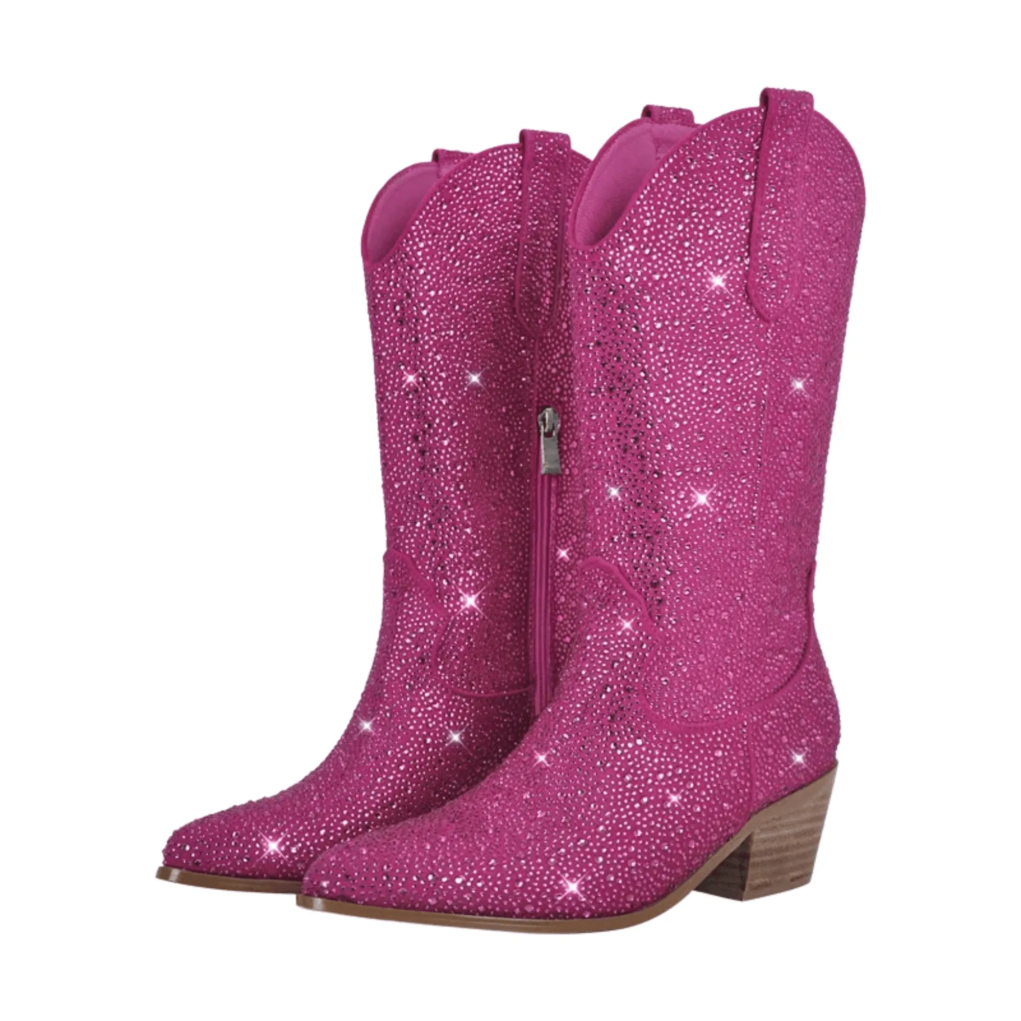 Women's Rhinestone Cowboy Boots Side Zipper Knee High Boots Rhinestone Booties Glitter Bling Shiny Western Pointed Toe Block Heel Cowgirl Boots