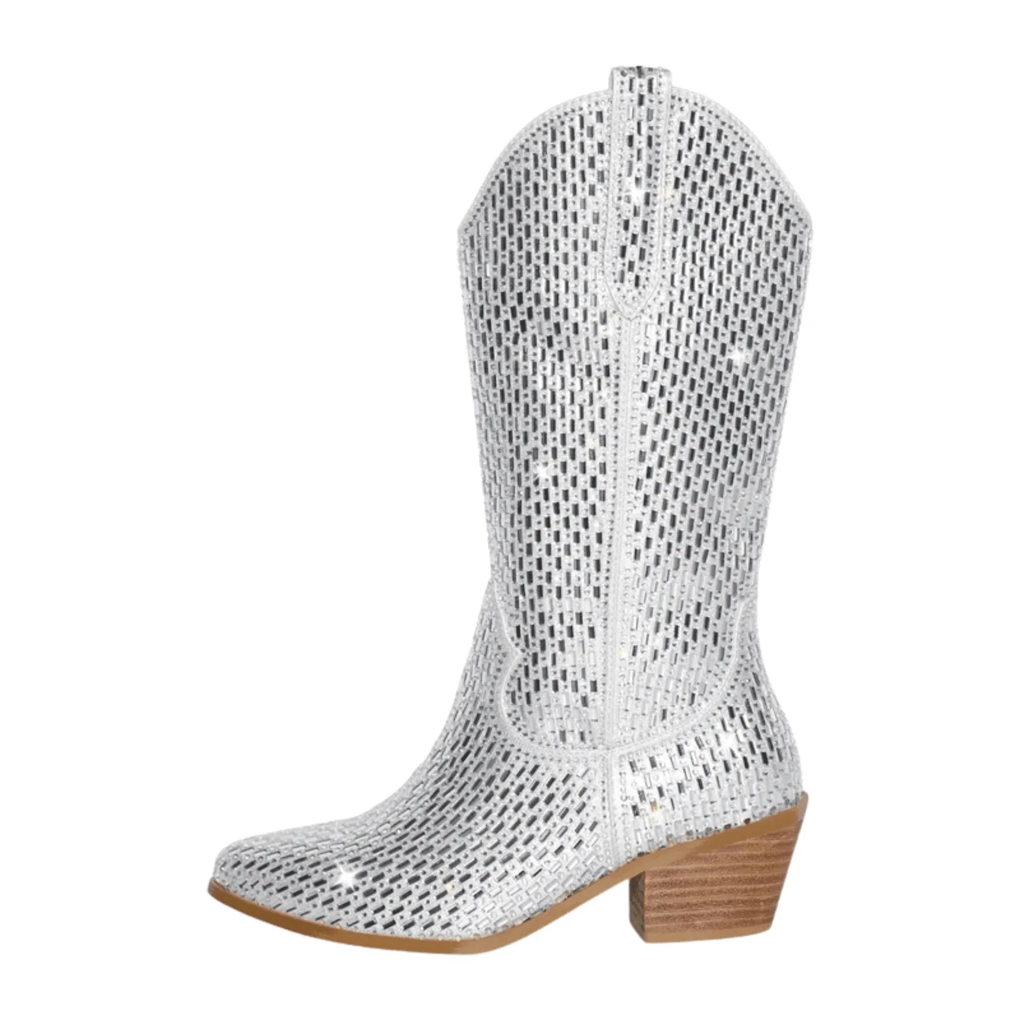 Women's Rhinestone Cowboy Boots Side Zipper Knee High Boots Rhinestone Booties Glitter Bling Shiny Western Pointed Toe Block Heel Cowgirl Boots