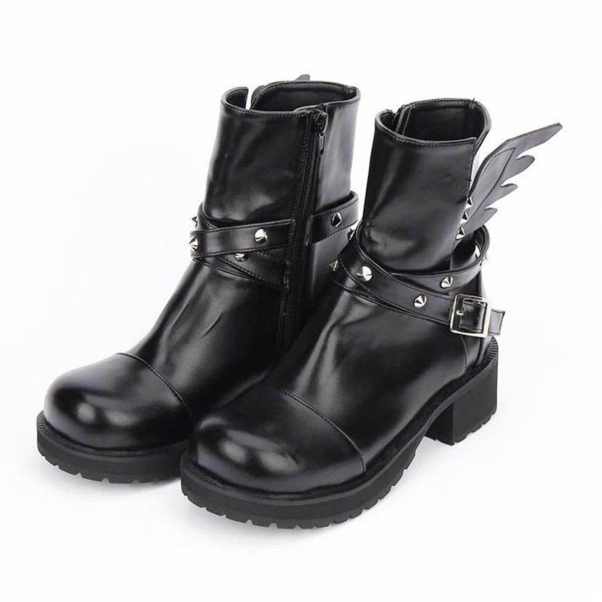 Women's Rivet Buckle Strap & Wings Punk Boots