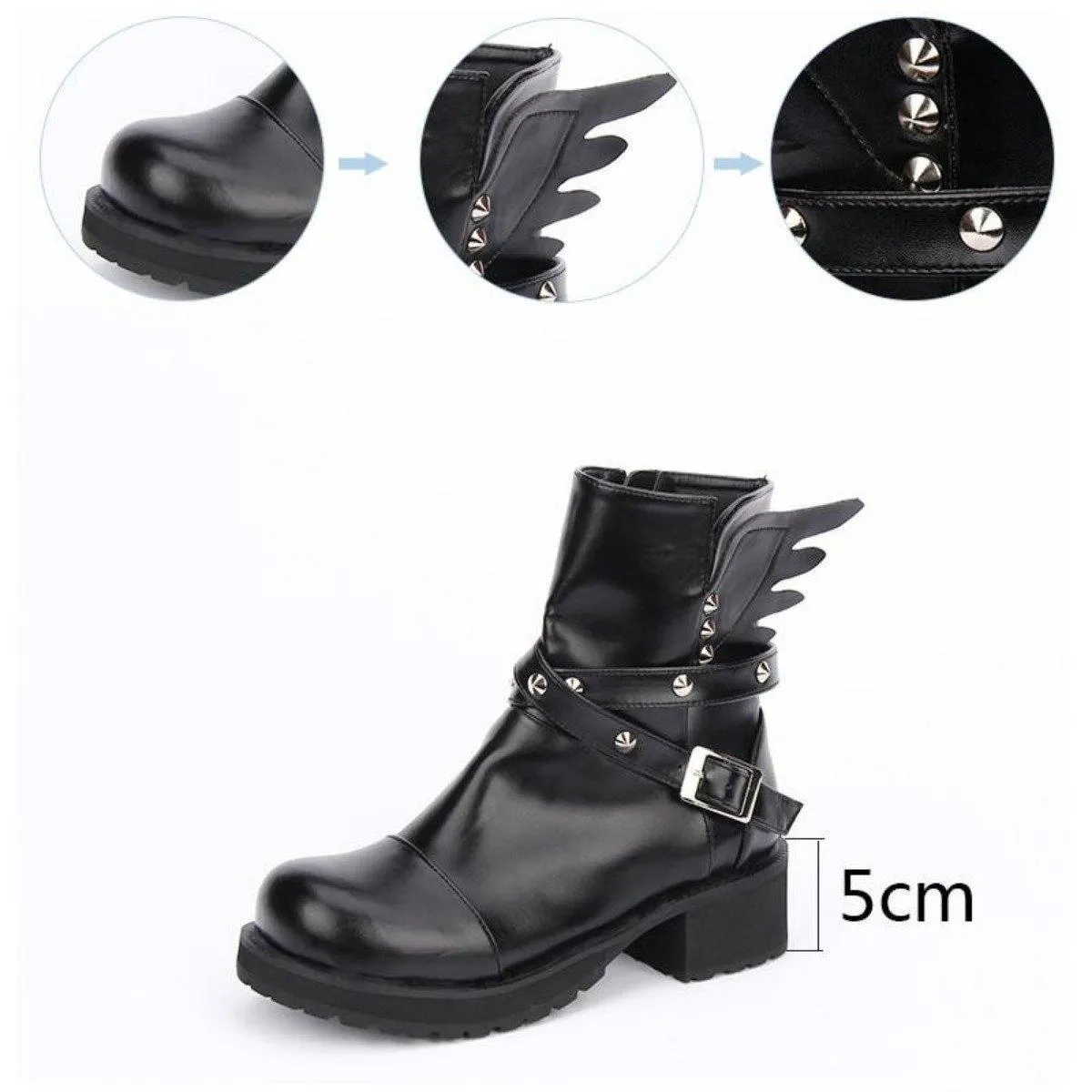Women's Rivet Buckle Strap & Wings Punk Boots