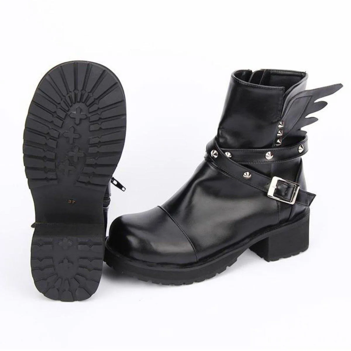 Women's Rivet Buckle Strap & Wings Punk Boots