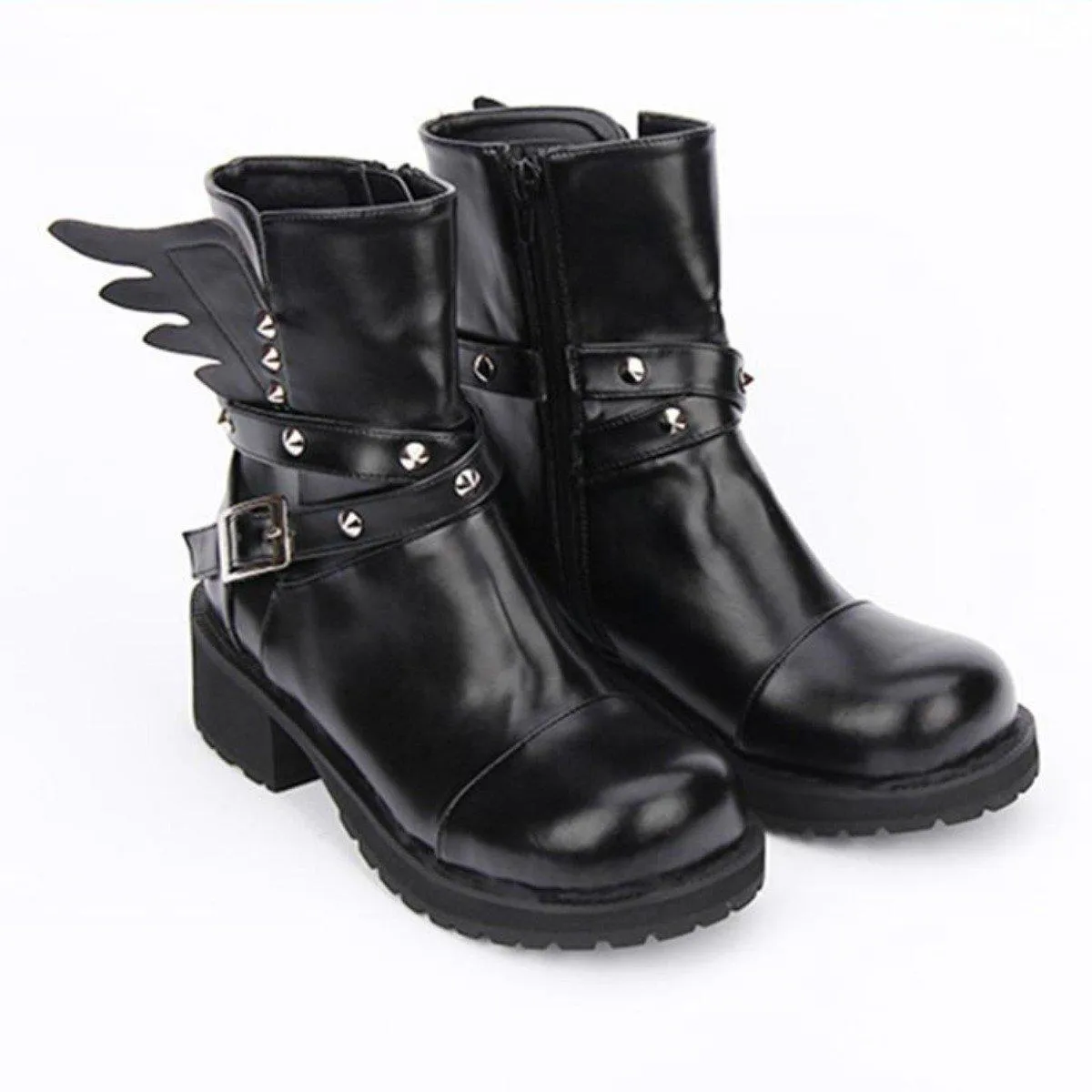 Women's Rivet Buckle Strap & Wings Punk Boots