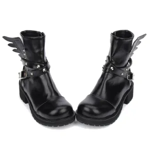 Women's Rivet Buckle Strap & Wings Punk Boots