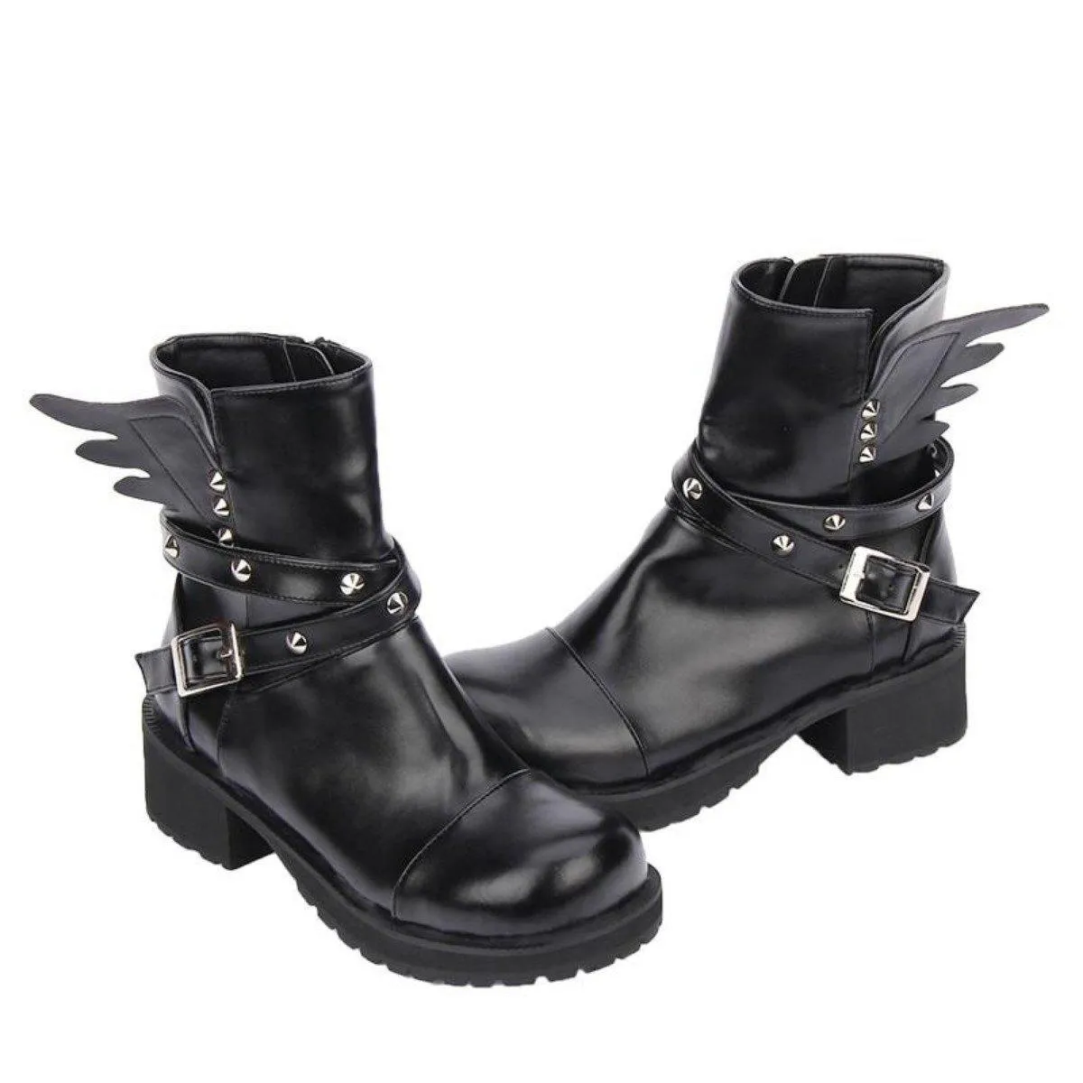 Women's Rivet Buckle Strap & Wings Punk Boots