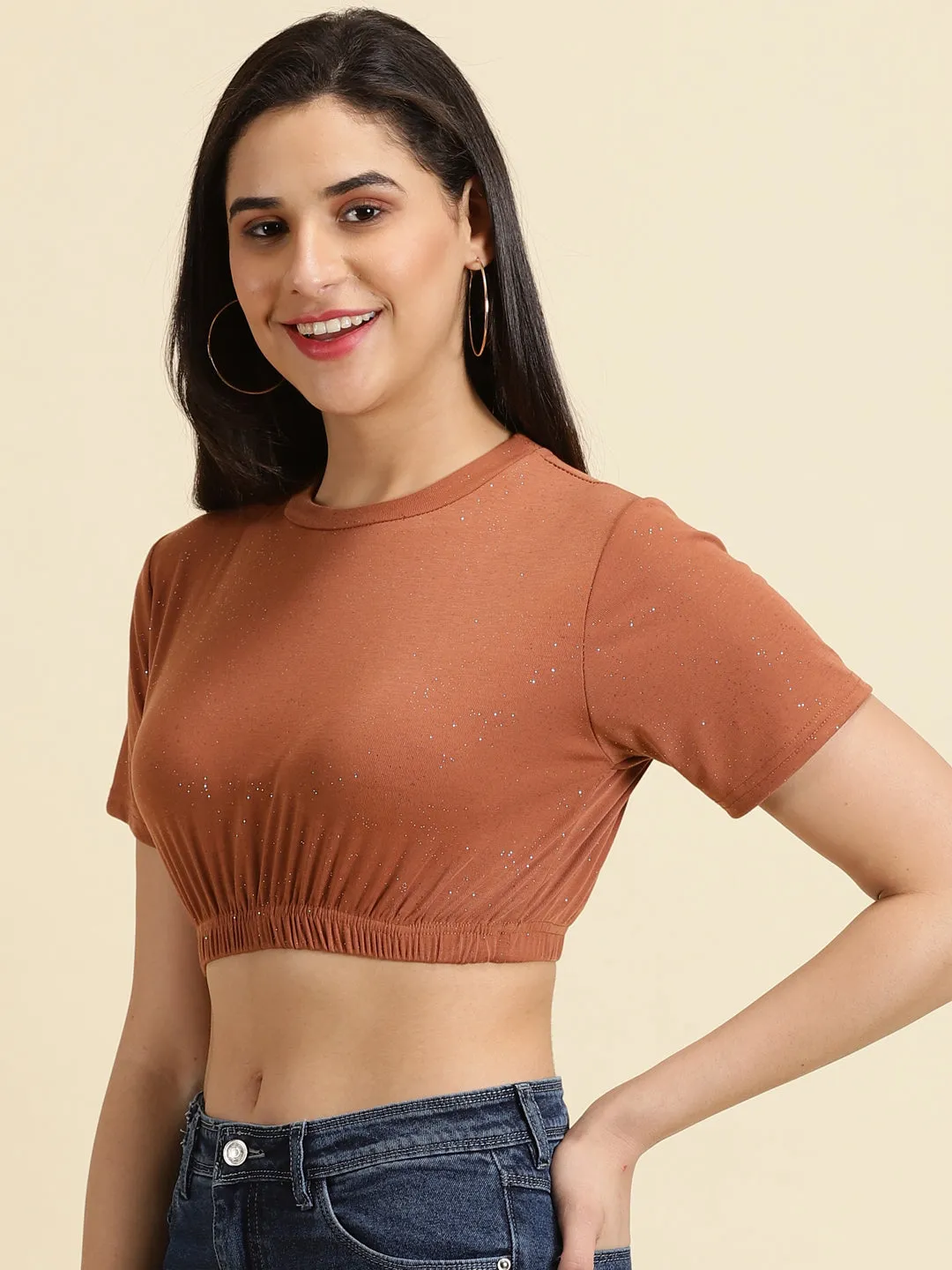 Women's Rust Embellished Cinched Waist Crop Top